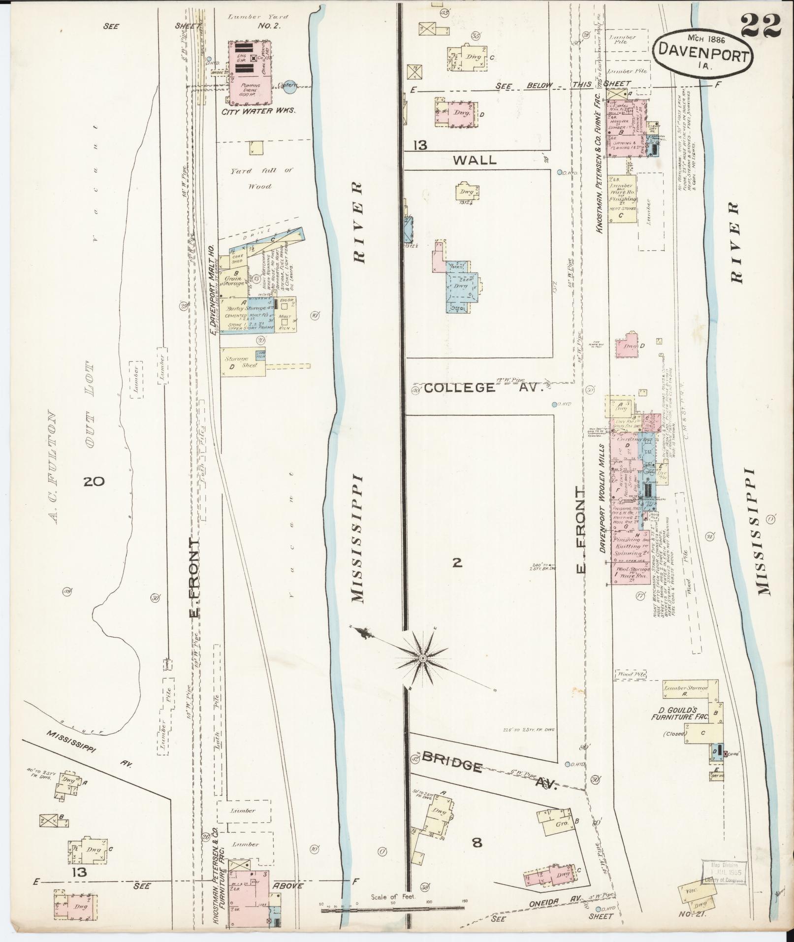 Sanborn Fire Insurance Map from Davenport, Scott County, Iowa (1886), Sheet #0022 - Historic Sanborn Fire Insurance Map Print, vintage old map wall art