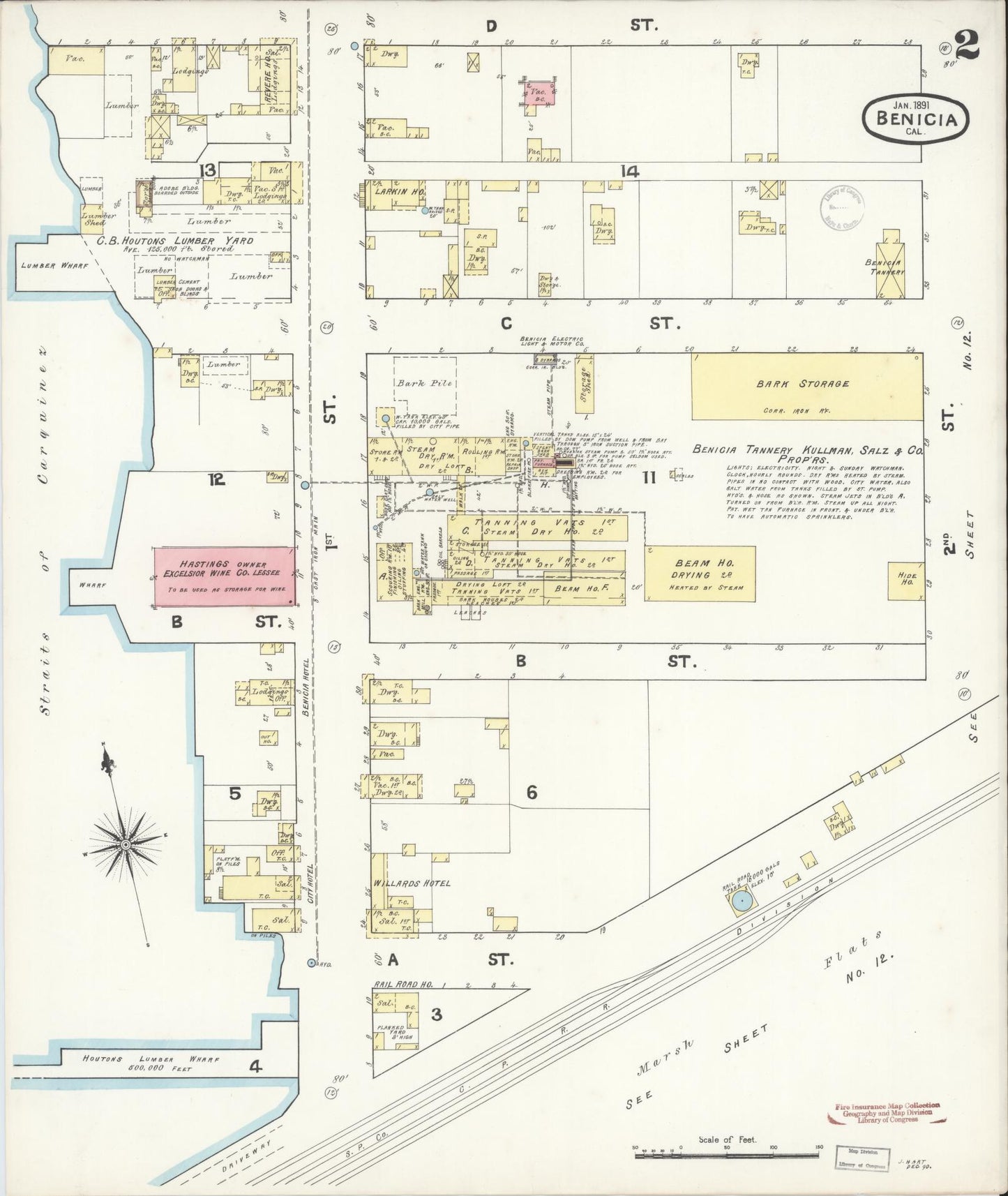 Sanborn Fire Insurance Map from Benicia, Solano County, California (1891), Sheet #0002 - Historic Sanborn Fire Insurance Map Print, vintage old map wall art, antique decor, genealogy gift, California California map