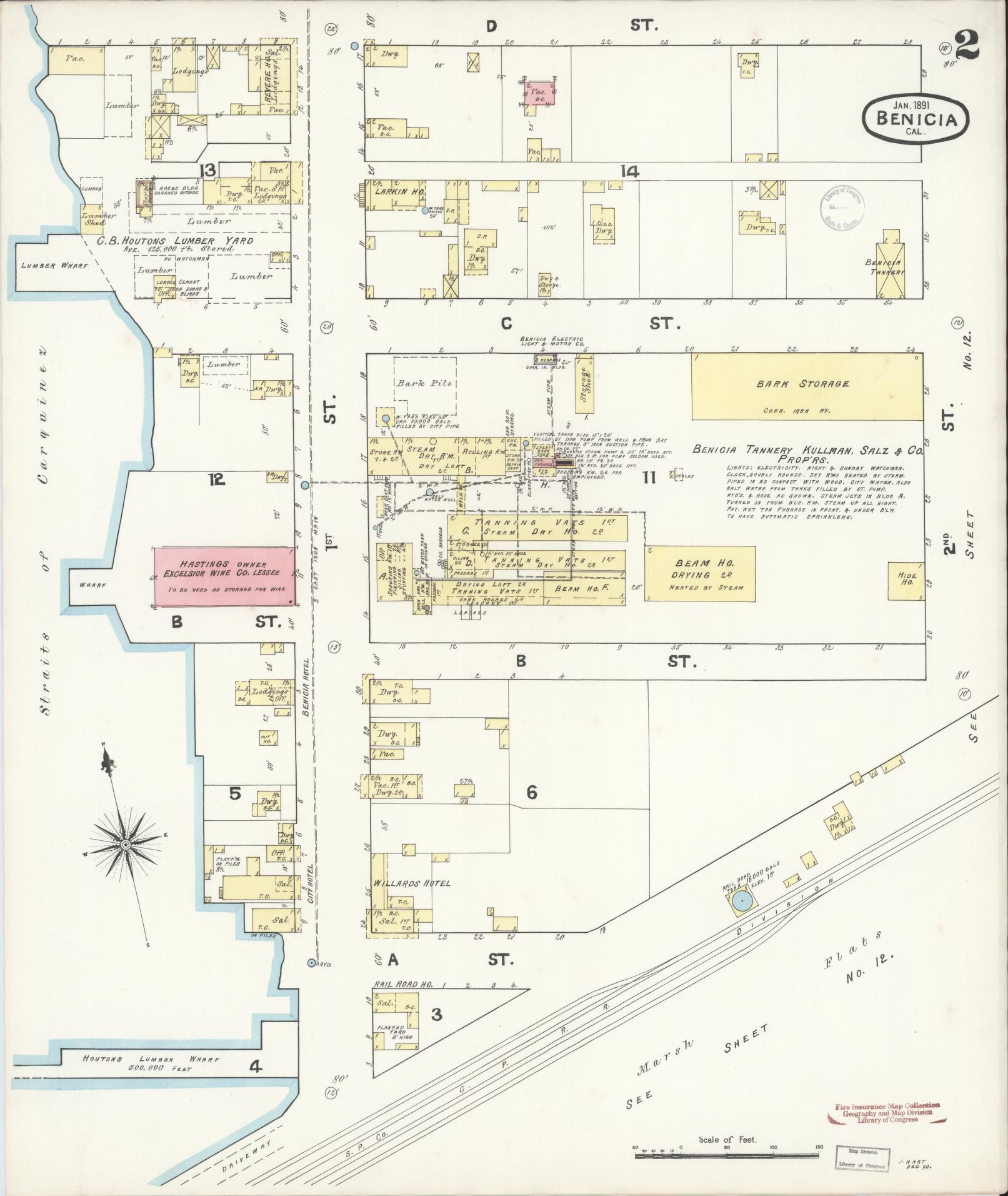 Sanborn Fire Insurance Map from Benicia, Solano County, California (1891), Sheet #0002 - Historic Sanborn Fire Insurance Map Print, vintage old map wall art, antique decor, genealogy gift, California California map