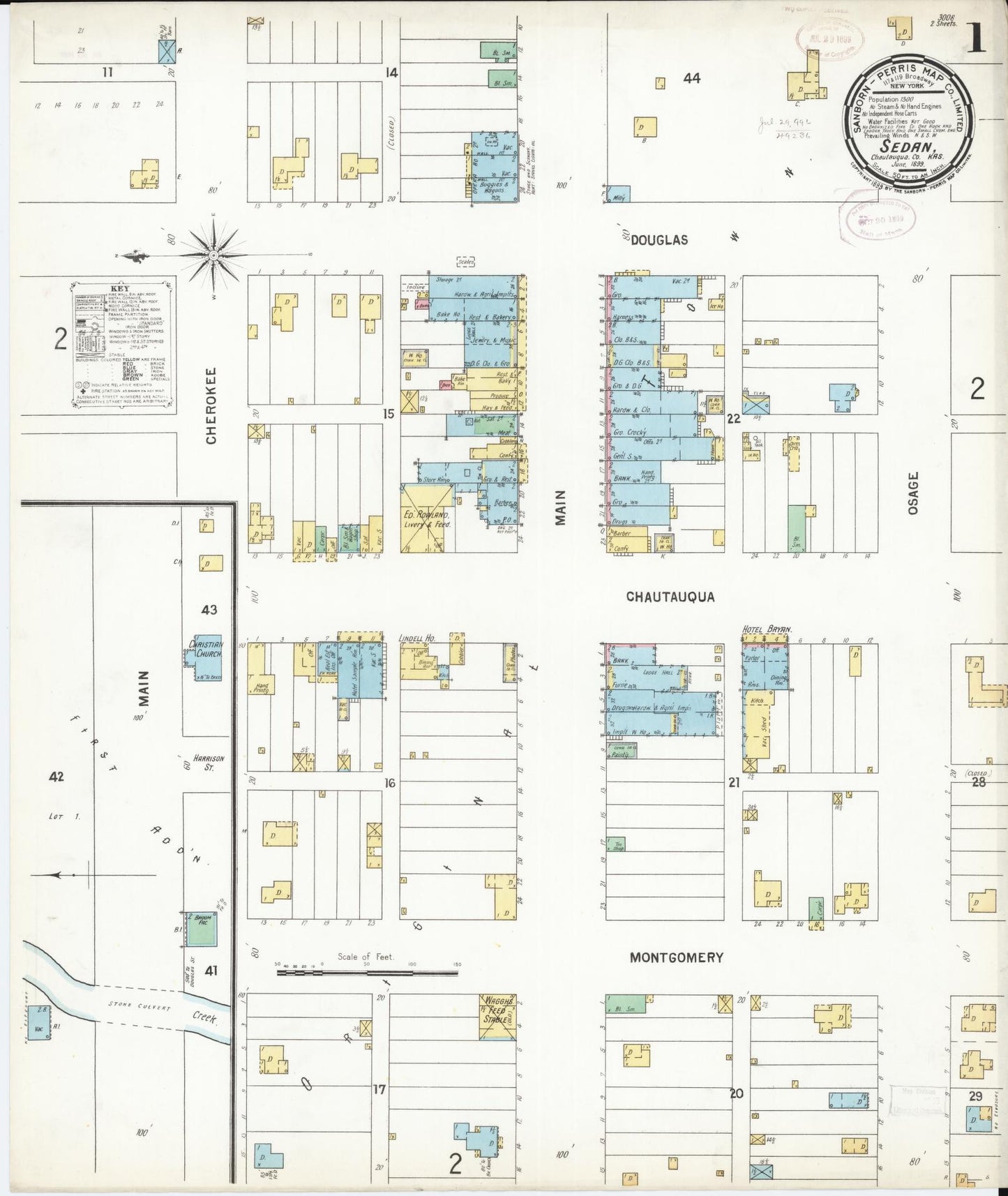 Sanborn Fire Insurance Map from Sedan, Chautauqua County, Kansas (1899), Sheet #0001 - Historic Sanborn Fire Insurance Map Print, vintage old map wall art, antique decor, genealogy gift, Kansas Kansas map