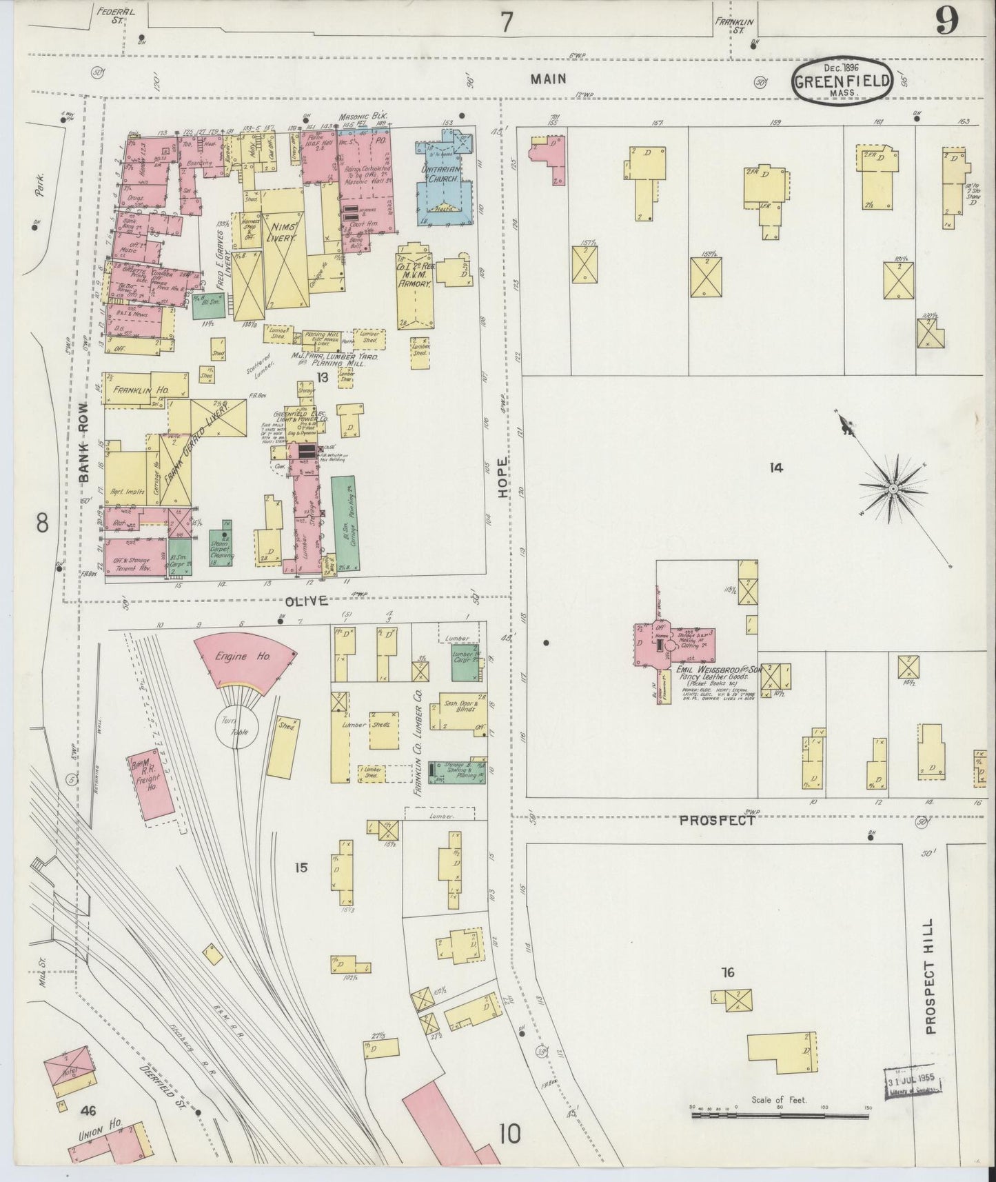 Sanborn Fire Insurance Map from Greenfield, Franklin County, Massachusetts (1896), Sheet #0009 - Complete Map Set gallery image, historic Sanborn map, vintage wall art, Massachusetts Massachusetts