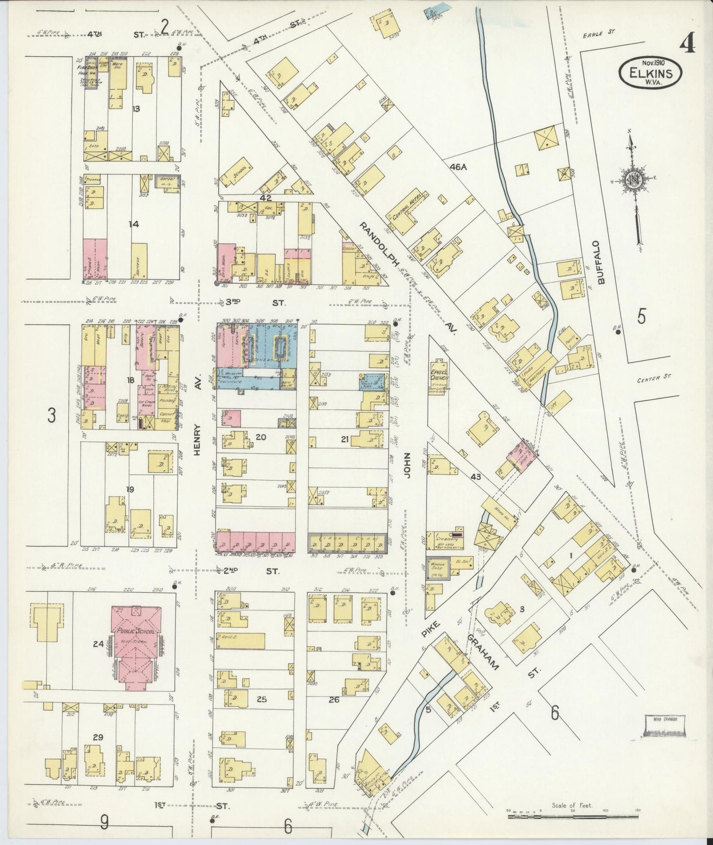 Sanborn Fire Insurance Map from Elkins, Randolph County, West Virginia (1910), Sheet #0004 - Historic Sanborn Fire Insurance Map Print, vintage old map wall art, antique decor, genealogy gift, West Virginia West Virginia map