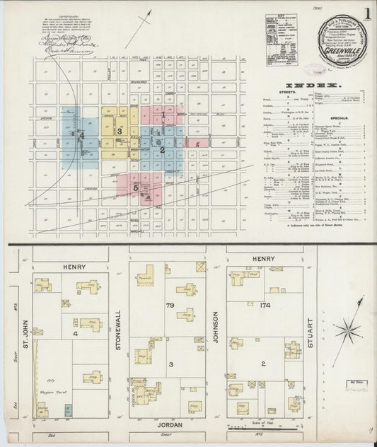 Sanborn Fire Insurance Map from Greenville, Hunt County, Texas (1888), Sheet #0001 - Complete Map Set gallery image, historic Sanborn map, vintage wall art, Texas Texas
