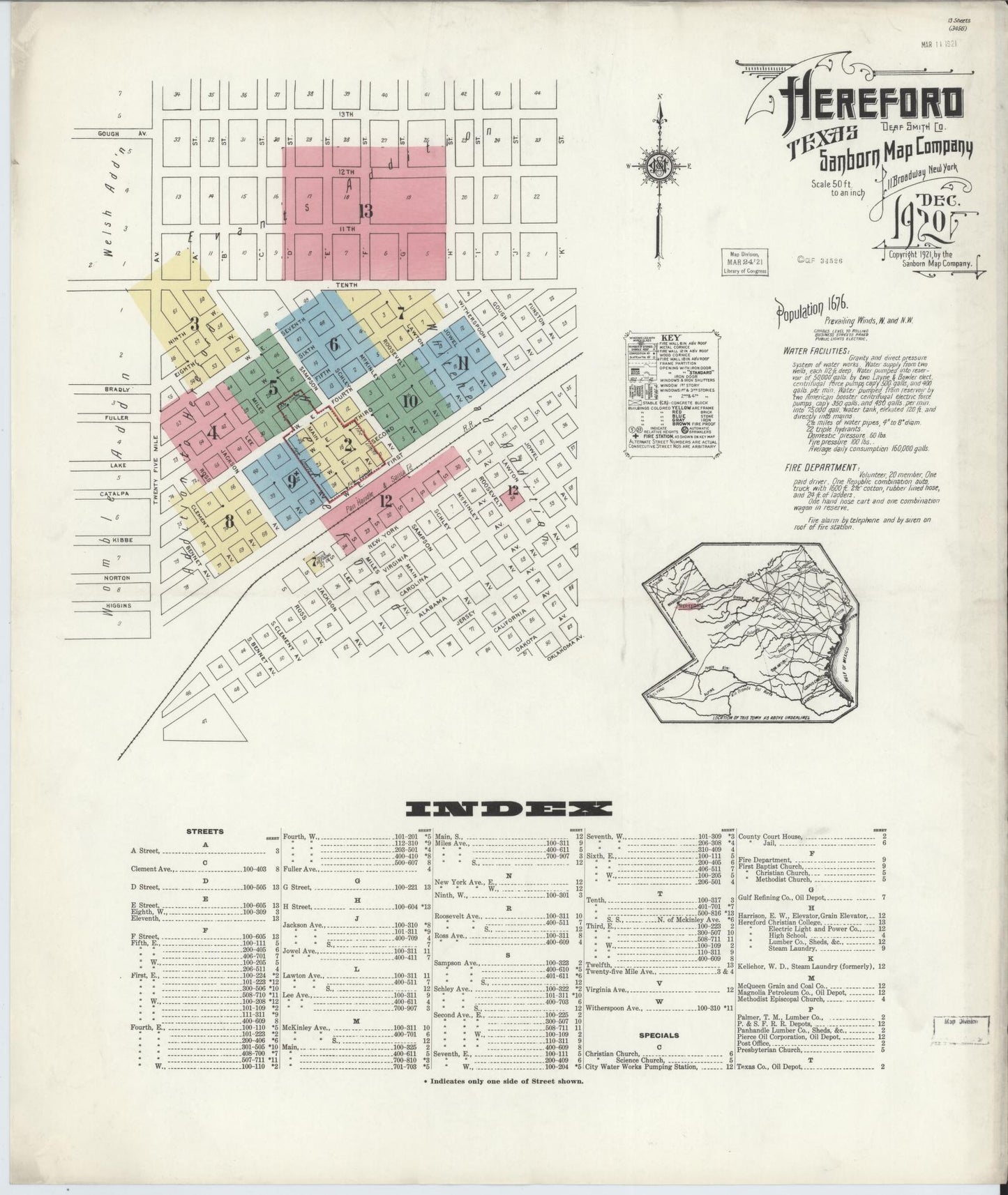 Sanborn Fire Insurance Map from Hereford, Deaf Smith County, Texas (1920), Sheet #0001 - Complete Map Set gallery image, historic Sanborn map, vintage wall art, Texas Texas