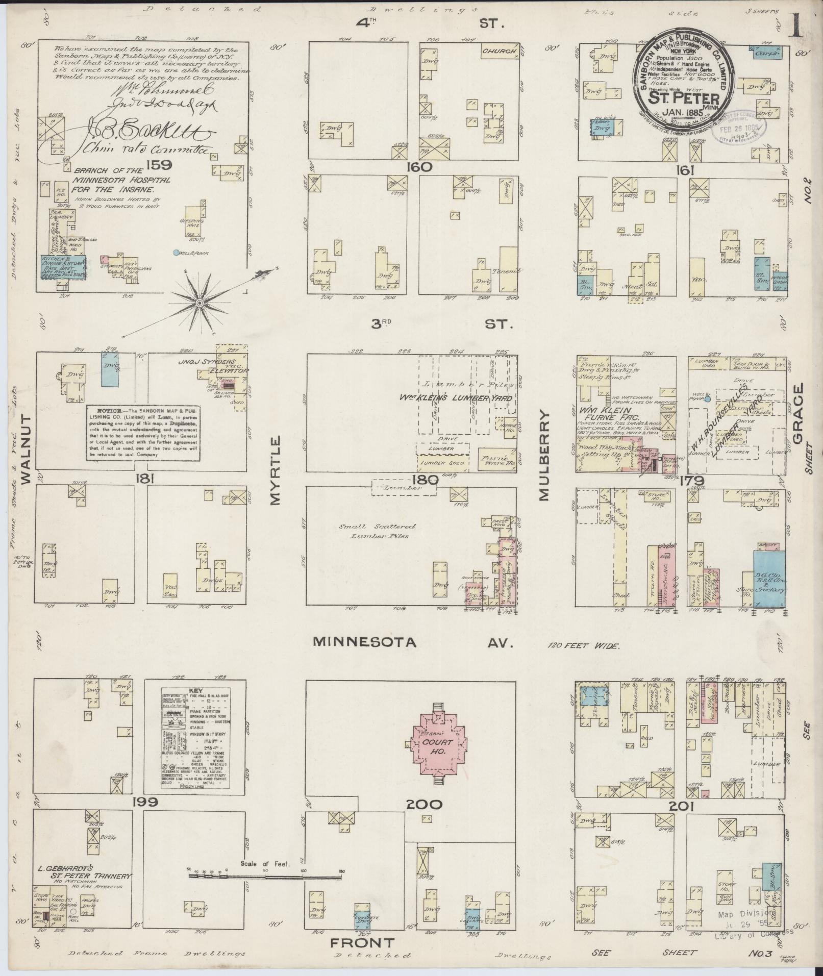 Sanborn Fire Insurance Map from Saint Peter, Nicollet County, Minnesota (1885), Sheet #0001 - Complete Map Set gallery image, historic Sanborn map, vintage wall art, Minnesota Minnesota