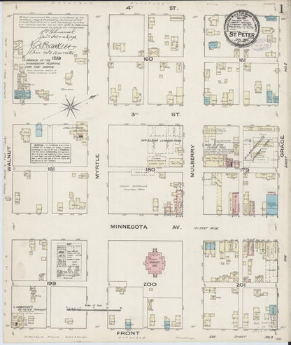 Sanborn Fire Insurance Map from Saint Peter, Nicollet County, Minnesota (1885), Sheet #0001 - Complete Map Set gallery image, historic Sanborn map, vintage wall art, Minnesota Minnesota