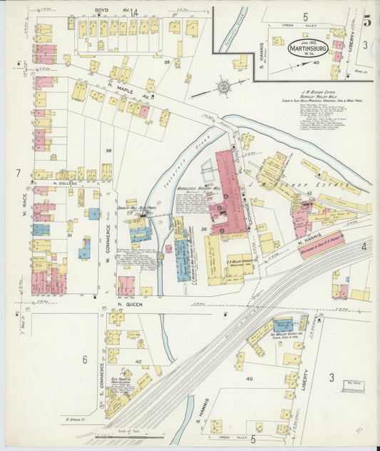 Sanborn Fire Insurance Map from Martinsburg, Berkeley County, West Virginia (1913), Sheet #0005 - Historic Sanborn Fire Insurance Map Print, vintage old map wall art, antique decor, genealogy gift, West Virginia West Virginia map