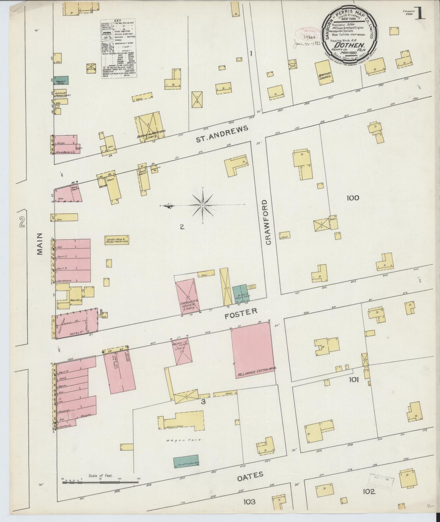 Sanborn Fire Insurance Map from Dothan, Houston County, Alabama (1893), Sheet #0001 - Historic Sanborn Fire Insurance Map Print, vintage old map wall art, antique decor, genealogy gift, Alabama Alabama map