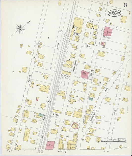 Sanborn Fire Insurance Map from Terra Alta, Preston County, West Virginia (1907), Sheet #0003 - Historic Sanborn Fire Insurance Map Print, vintage old map wall art, antique decor, genealogy gift, West Virginia West Virginia map