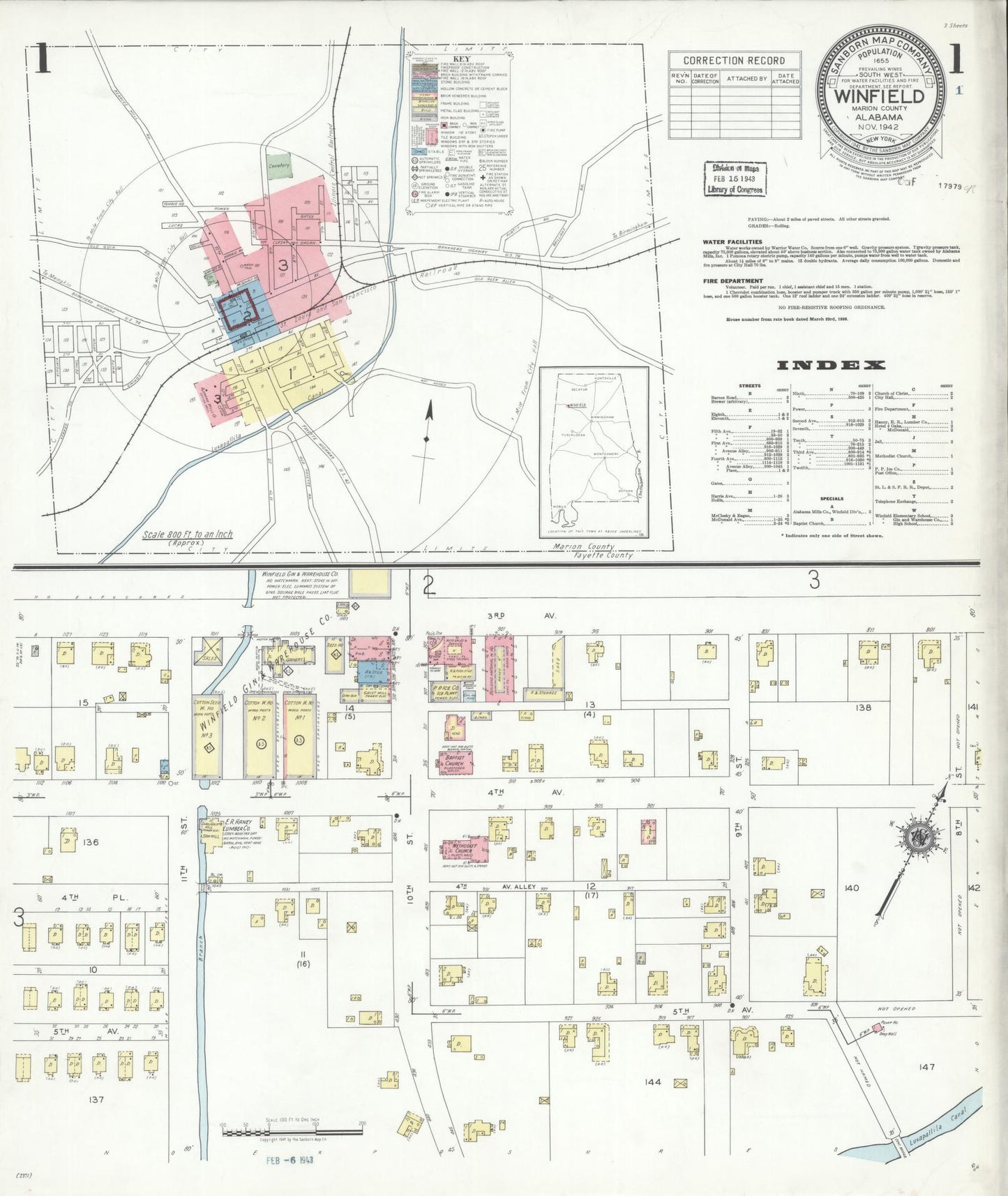 Sanborn Fire Insurance Map from Winfield, Marion County, Alabama (1942), Sheet #0001 - Historic Sanborn Fire Insurance Map Print, vintage old map wall art, antique decor, genealogy gift, Alabama Alabama map