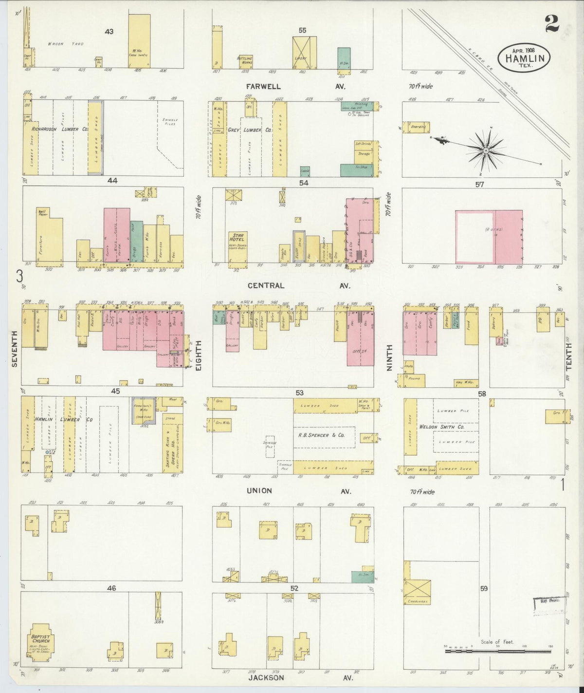 Sanborn Fire Insurance Map from Hamlin, Jones County, Texas (1908), Sheet #0002 - Complete Map Set gallery image, historic Sanborn map, vintage wall art, Texas Texas