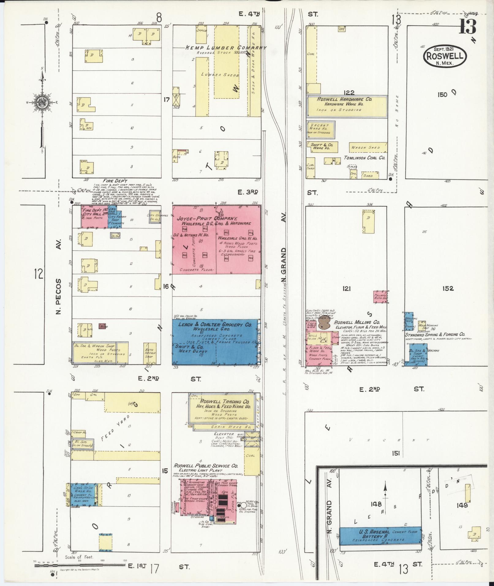 Sanborn Fire Insurance Map from Roswell, Chaves County, New Mexico (1921), Sheet #0013 - Historic Sanborn Fire Insurance Map Print, vintage old map wall art, antique decor, genealogy gift, New Mexico New Mexico map