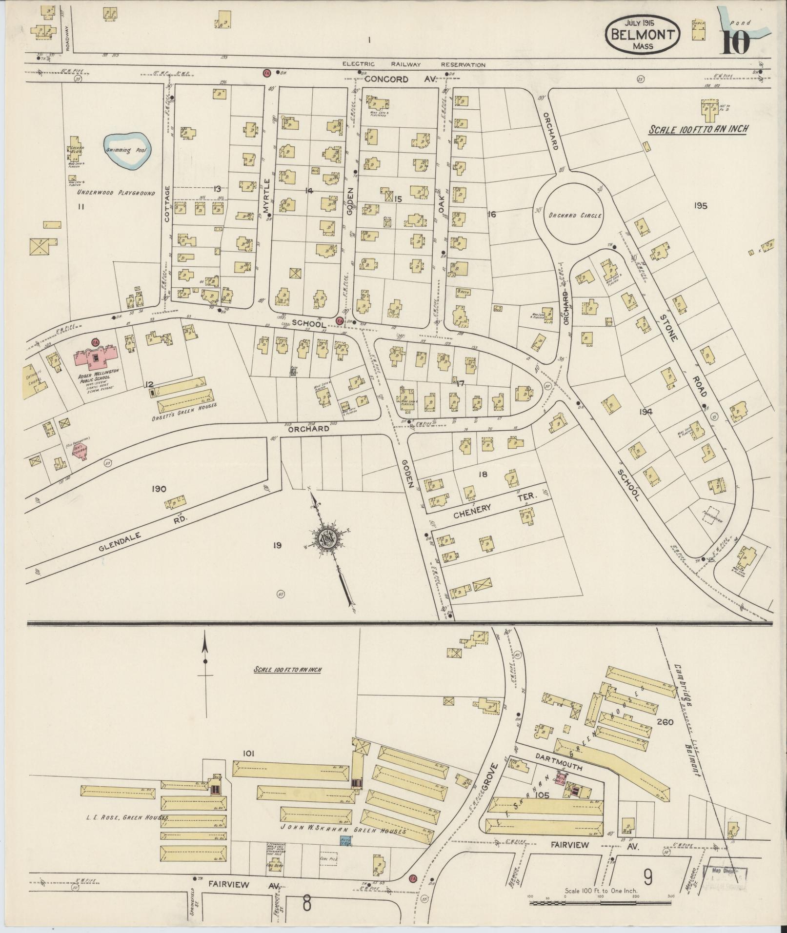Sanborn Fire Insurance Map from Belmont, Middlesex County, Massachusetts (1915), Sheet #0010 - Historic Sanborn Fire Insurance Map Print, vintage old map wall art, antique decor, genealogy gift, Massachusetts Massachusetts map