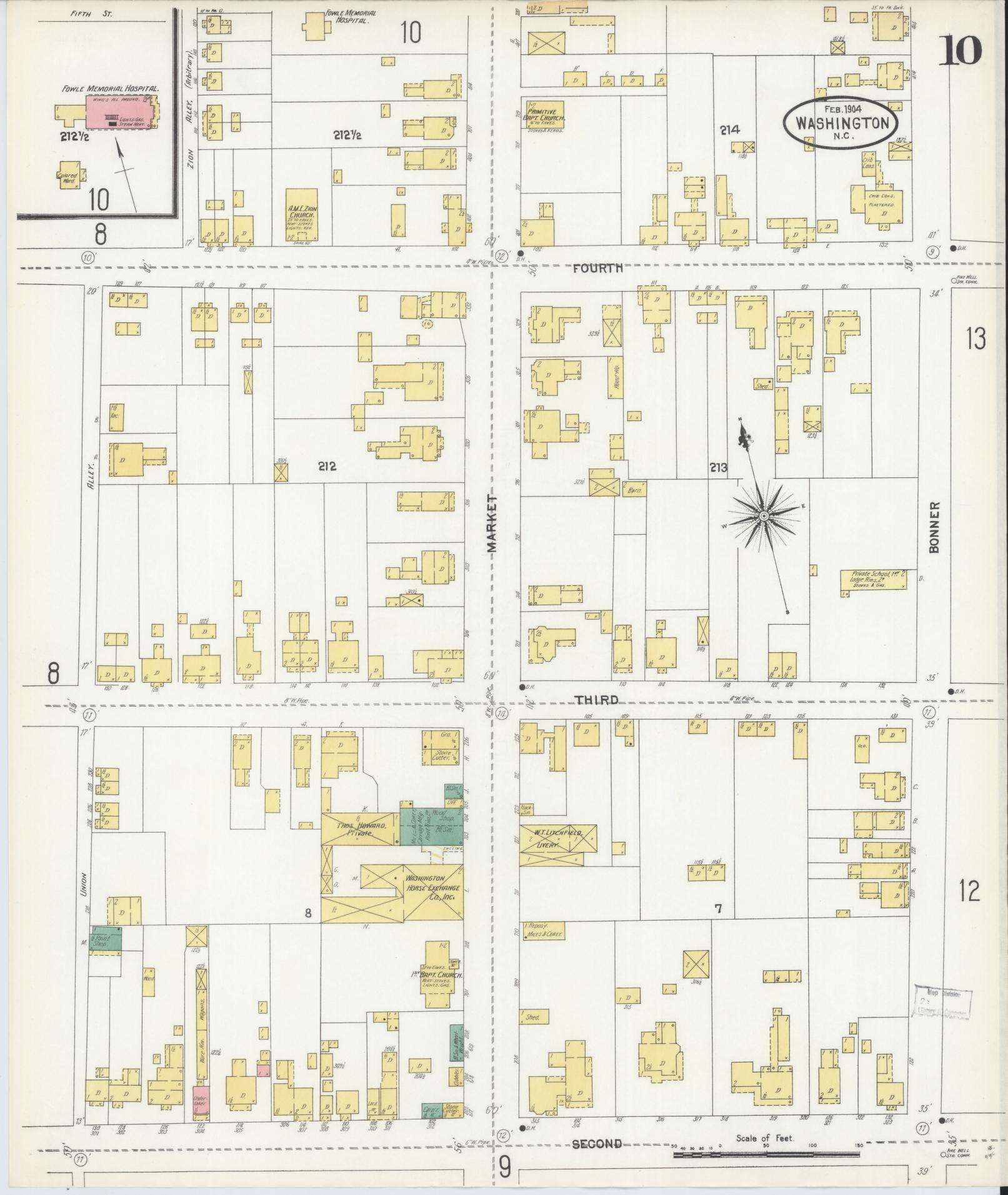 Sanborn Fire Insurance Map from Washington, Beaufort County, North Carolina (1904), Sheet #0010 - Historic Sanborn Fire Insurance Map Print, vintage old map wall art, antique decor, genealogy gift, Washington Washington map