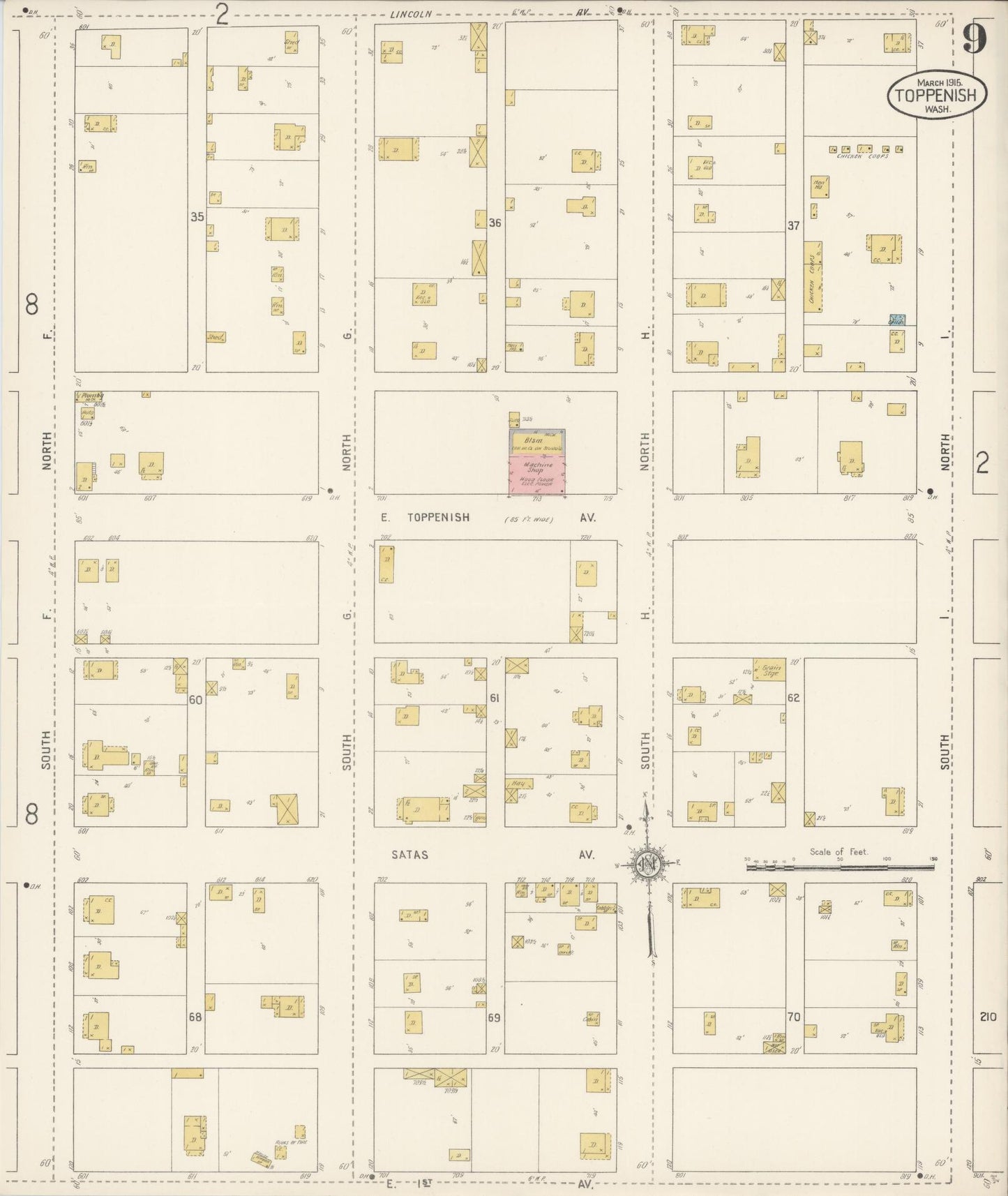 Sanborn Fire Insurance Map from Toppenish, Yakima County, Washington (1915), Sheet #0009 - Complete Map Set gallery image, historic Sanborn map, vintage wall art, Washington Washington