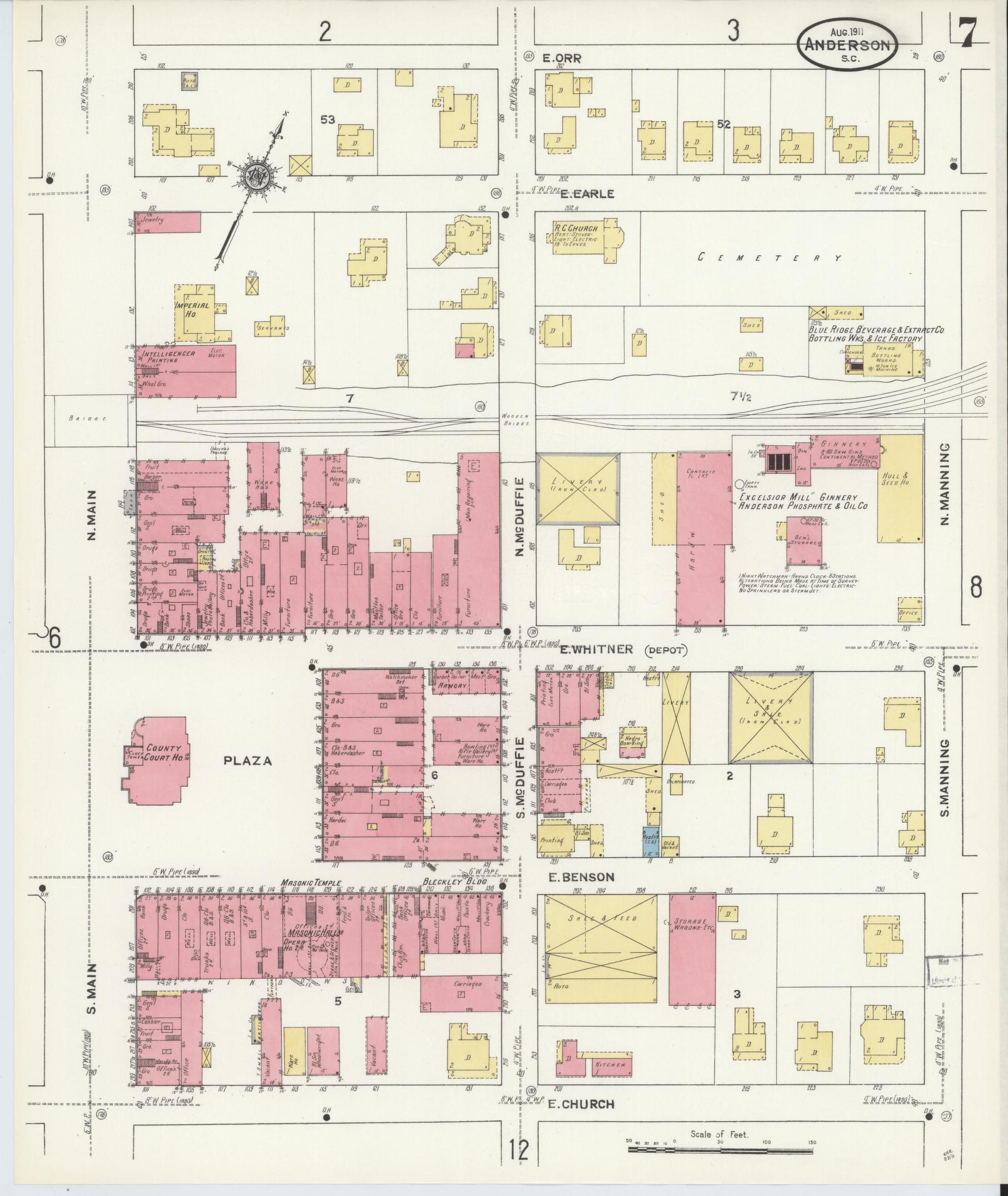 Sanborn Fire Insurance Map from Anderson, Anderson County, South Carolina (1911), Sheet #0007 - Complete Map Set gallery image, historic Sanborn map, vintage wall art, South Carolina South Carolina