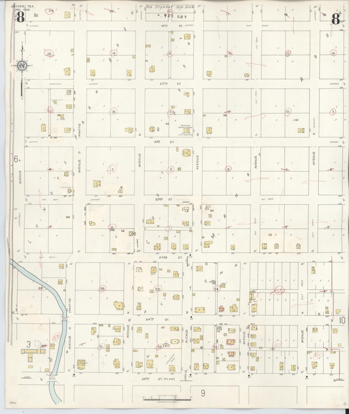 Sanborn Fire Insurance Map from Snyder, Scurry County, Texas (1942), Sheet #0008 - Historic Sanborn Fire Insurance Map Print, vintage old map wall art, antique decor, genealogy gift, Texas Texas map