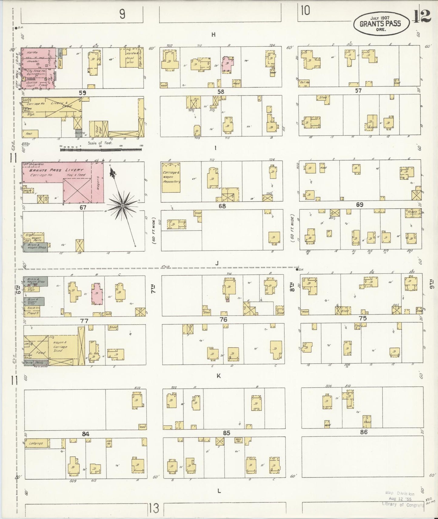 Sanborn Fire Insurance Map from Grants Pass, Josephine County, Oregon (1907), Sheet #0012 - Complete Map Set gallery image, historic Sanborn map, vintage wall art, Oregon Oregon