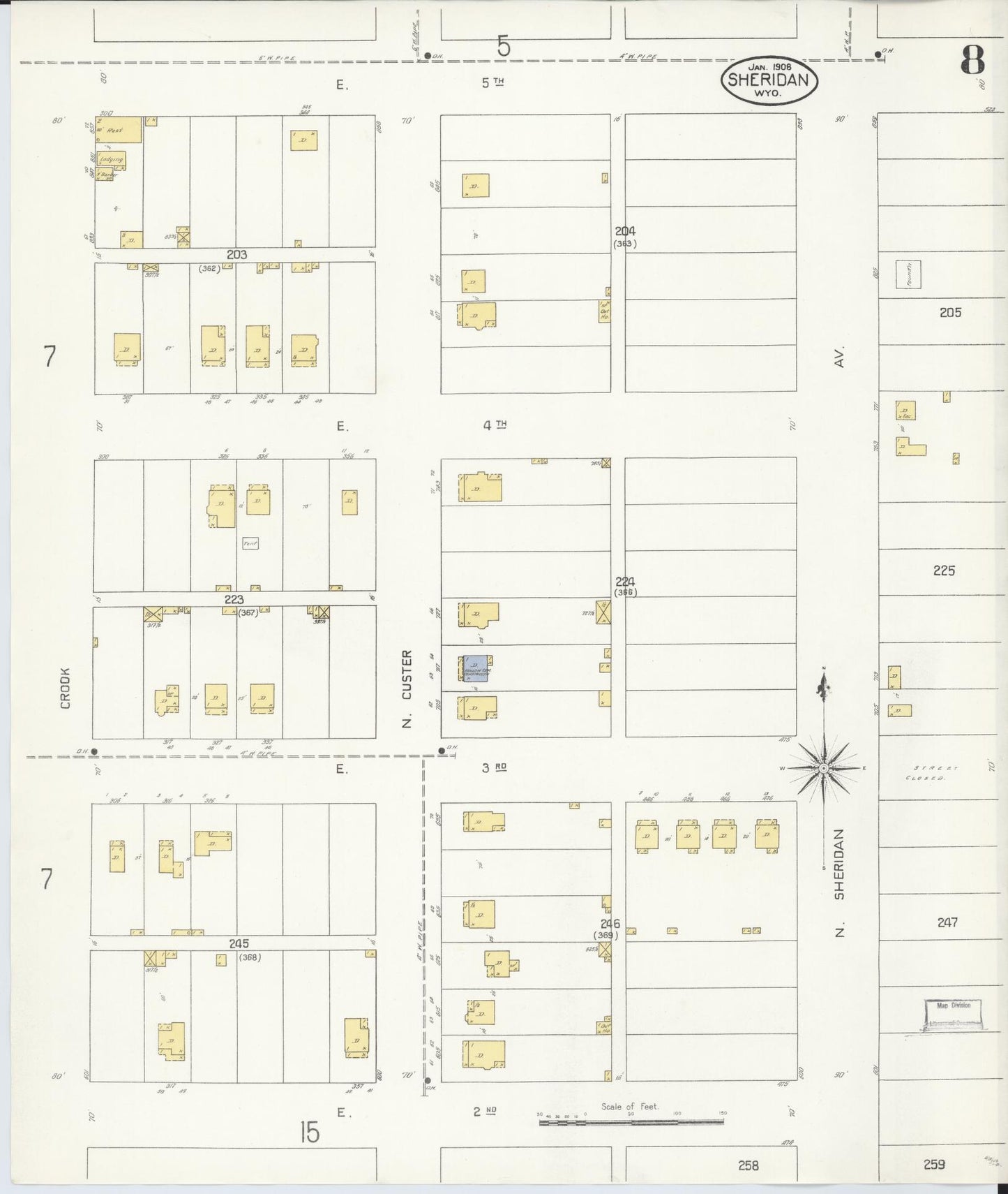 Sanborn Fire Insurance Map from Sheridan, Sheridan County, Wyoming (1908), Sheet #0008 - Complete Map Set gallery image, historic Sanborn map, vintage wall art, Wyoming Wyoming