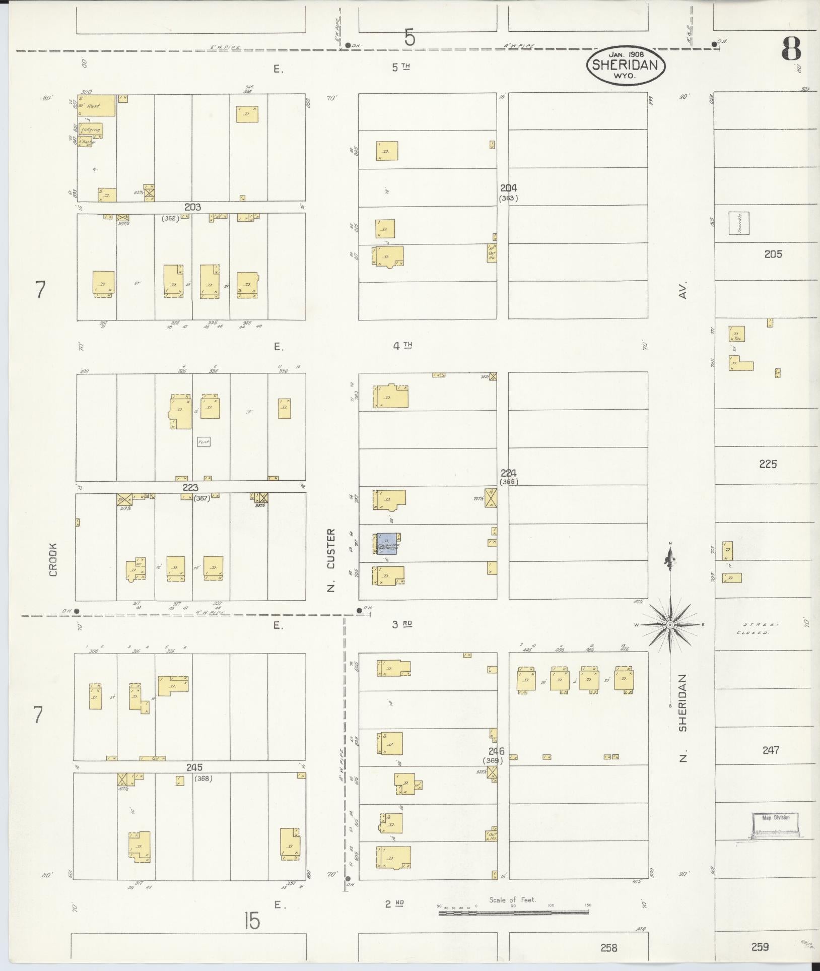 Sanborn Fire Insurance Map from Sheridan, Sheridan County, Wyoming (1908), Sheet #0008 - Complete Map Set gallery image, historic Sanborn map, vintage wall art, Wyoming Wyoming