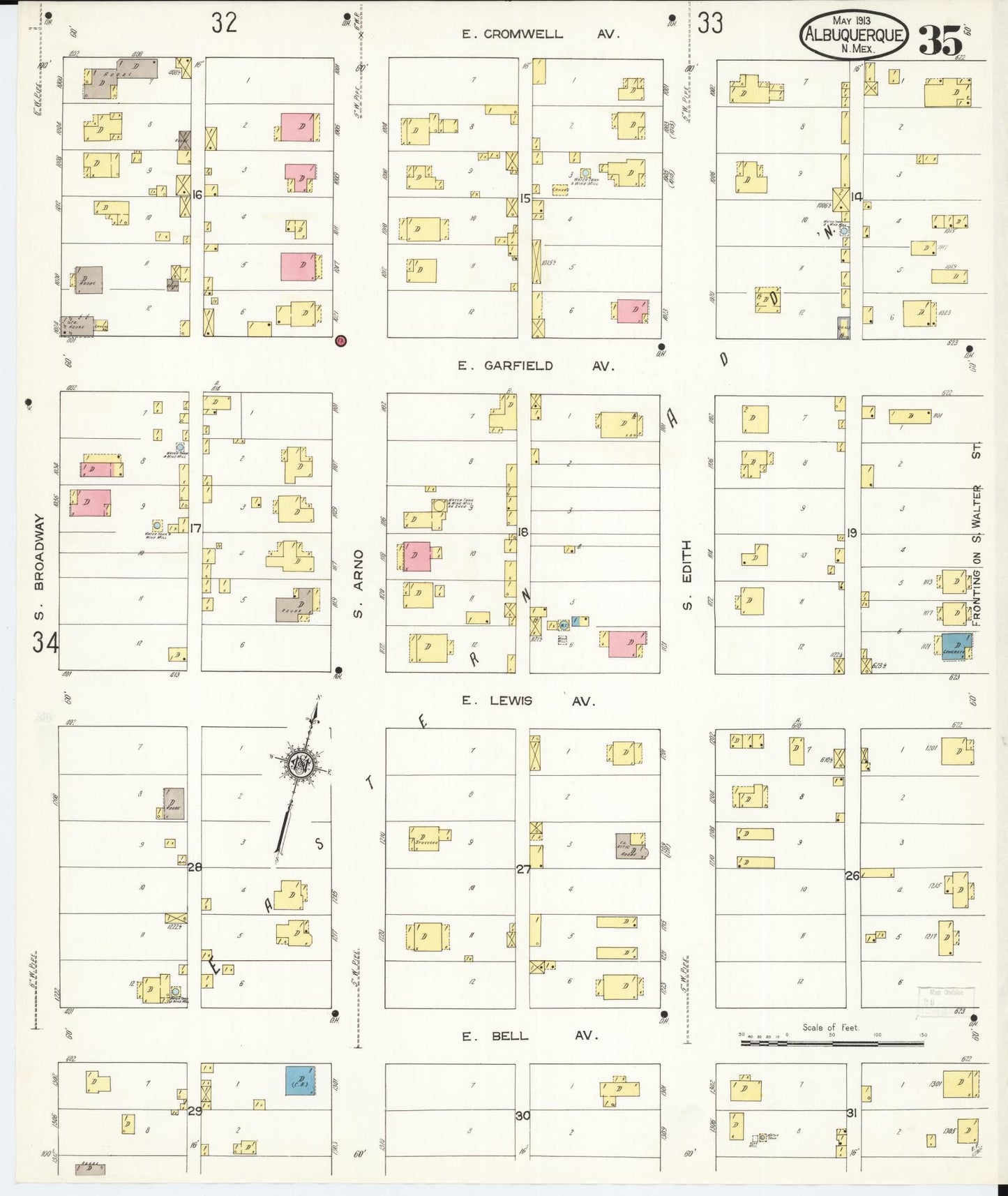 Sanborn Fire Insurance Map from Albuquerque, Bernalillo County, New Mexico (1913), Sheet #0035 - Historic Sanborn Fire Insurance Map Print, vintage old map wall art, antique decor, genealogy gift, New Mexico New Mexico map