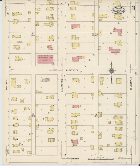 Sanborn Fire Insurance Map from Hillsdale, Hillsdale County, Michigan (1922), Sheet #0003 - Historic Sanborn Fire Insurance Map Print, vintage old map wall art, antique decor, genealogy gift, Michigan Michigan map