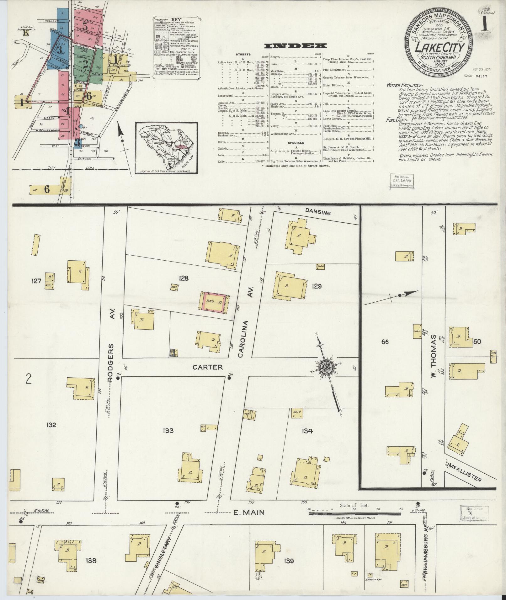 Sanborn Fire Insurance Map from Lake City, Florence County, South Carolina (1920), Sheet #0001 - Historic Sanborn Fire Insurance Map Print, vintage old map wall art, antique decor, genealogy gift, South Carolina South Carolina map