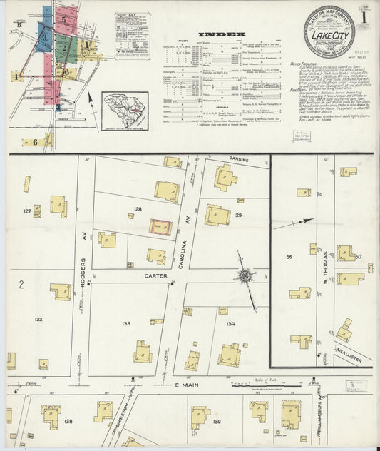 Sanborn Fire Insurance Map from Lake City, Florence County, South Carolina (1920), Sheet #0001 - Historic Sanborn Fire Insurance Map Print, vintage old map wall art, antique decor, genealogy gift, South Carolina South Carolina map