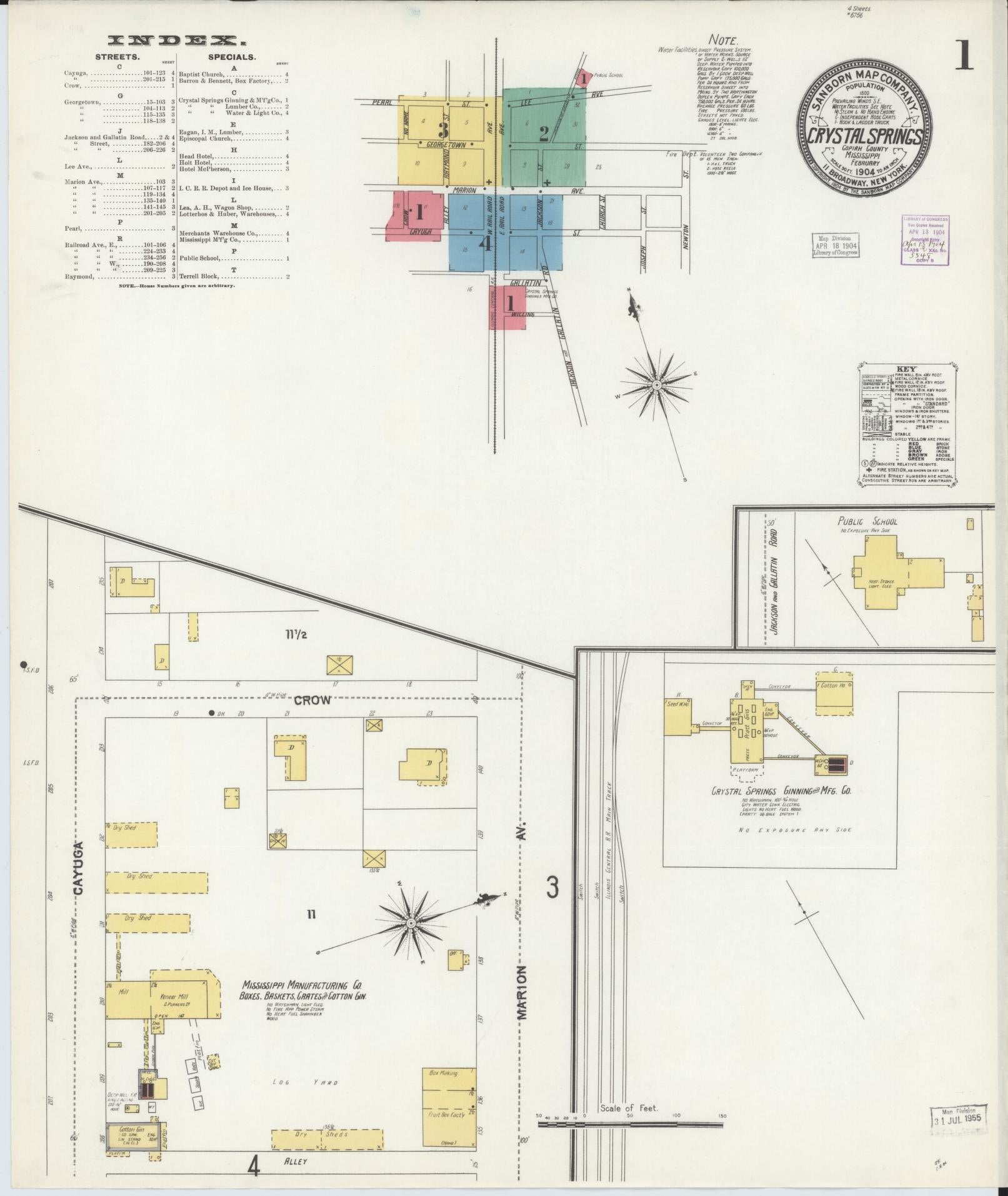 Sanborn Fire Insurance Map from Crystal Springs, Copiah County, Mississippi (1904), Sheet #0001 - Historic Sanborn Fire Insurance Map Print, vintage old map wall art, antique decor, genealogy gift, Mississippi Mississippi map