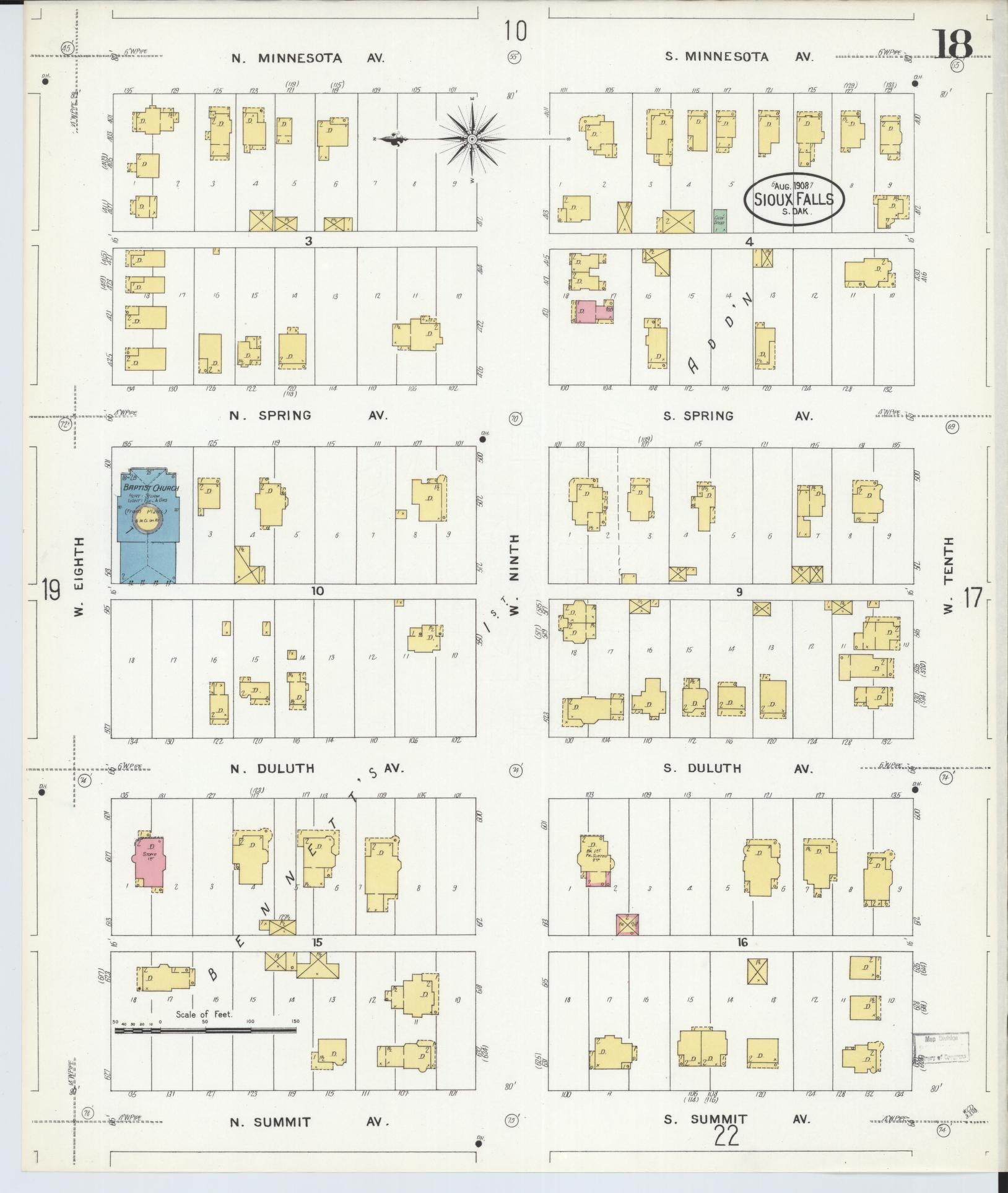 Sanborn Fire Insurance Map from Sioux Falls, Minnehaha County, South Dakota (1908), Sheet #0018 - Complete Map Set gallery image, historic Sanborn map, vintage wall art, South Dakota South Dakota