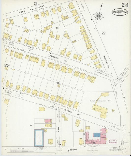 Sanborn Fire Insurance Map from Morristown, Morris County, New Jersey (1909), Sheet #0024 - Historic Sanborn Fire Insurance Map Print, vintage old map wall art, antique decor, genealogy gift, New Jersey New Jersey map
