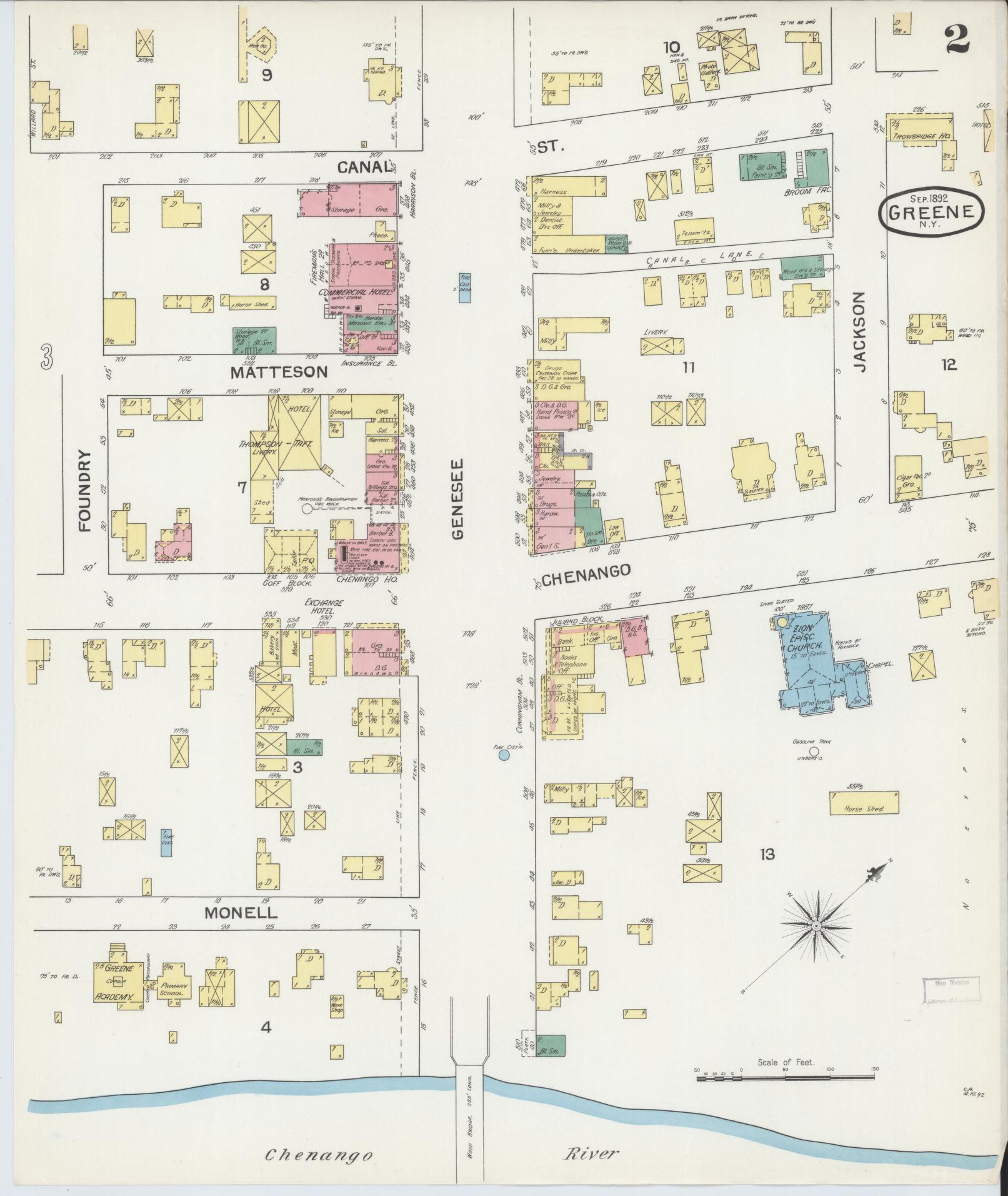 Sanborn Fire Insurance Map from Greene, Chenango County, New York (1892), Sheet #0002 - Complete Map Set gallery image, historic Sanborn map, vintage wall art, New York New York