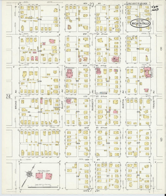 Sanborn Fire Insurance Map from Wichita Falls, Wichita County, Texas (1915), Sheet #0025 - Historic Sanborn Fire Insurance Map Print, vintage old map wall art, antique decor, genealogy gift, Texas Texas map