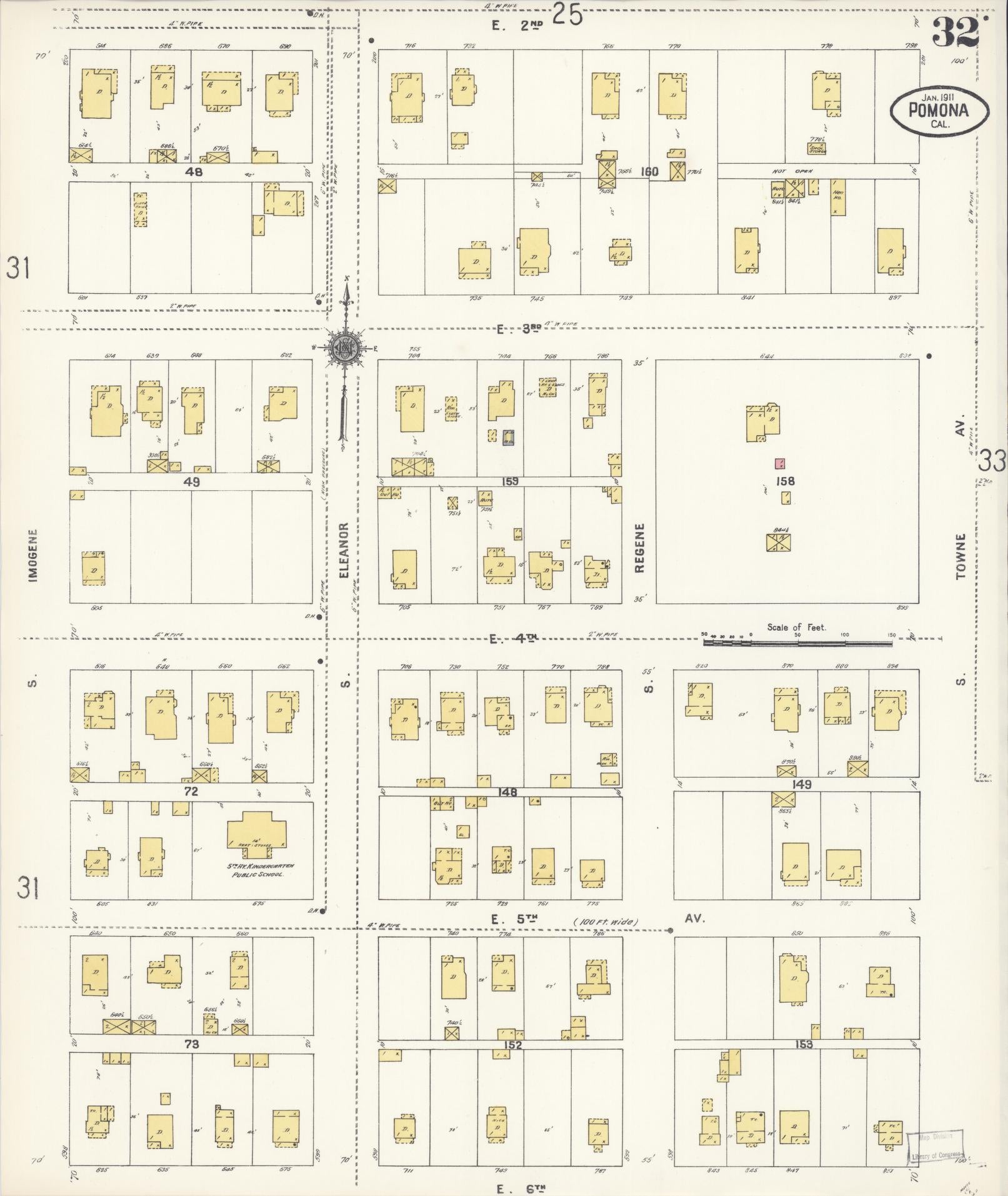 Sanborn Fire Insurance Map from Pomona, Los Angeles County, California (1911), Sheet #0032 - Complete Map Set gallery image, historic Sanborn map, vintage wall art, California California