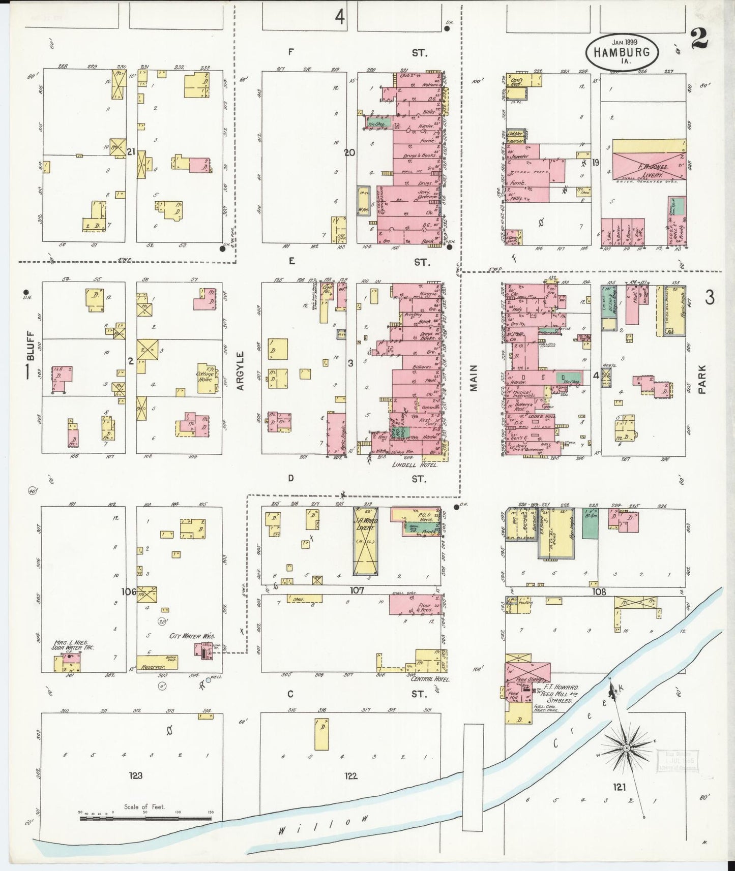 Sanborn Fire Insurance Map from Hamburg, Fremont County, Iowa (1899), Sheet #0002 - Historic Sanborn Fire Insurance Map Print, vintage old map wall art