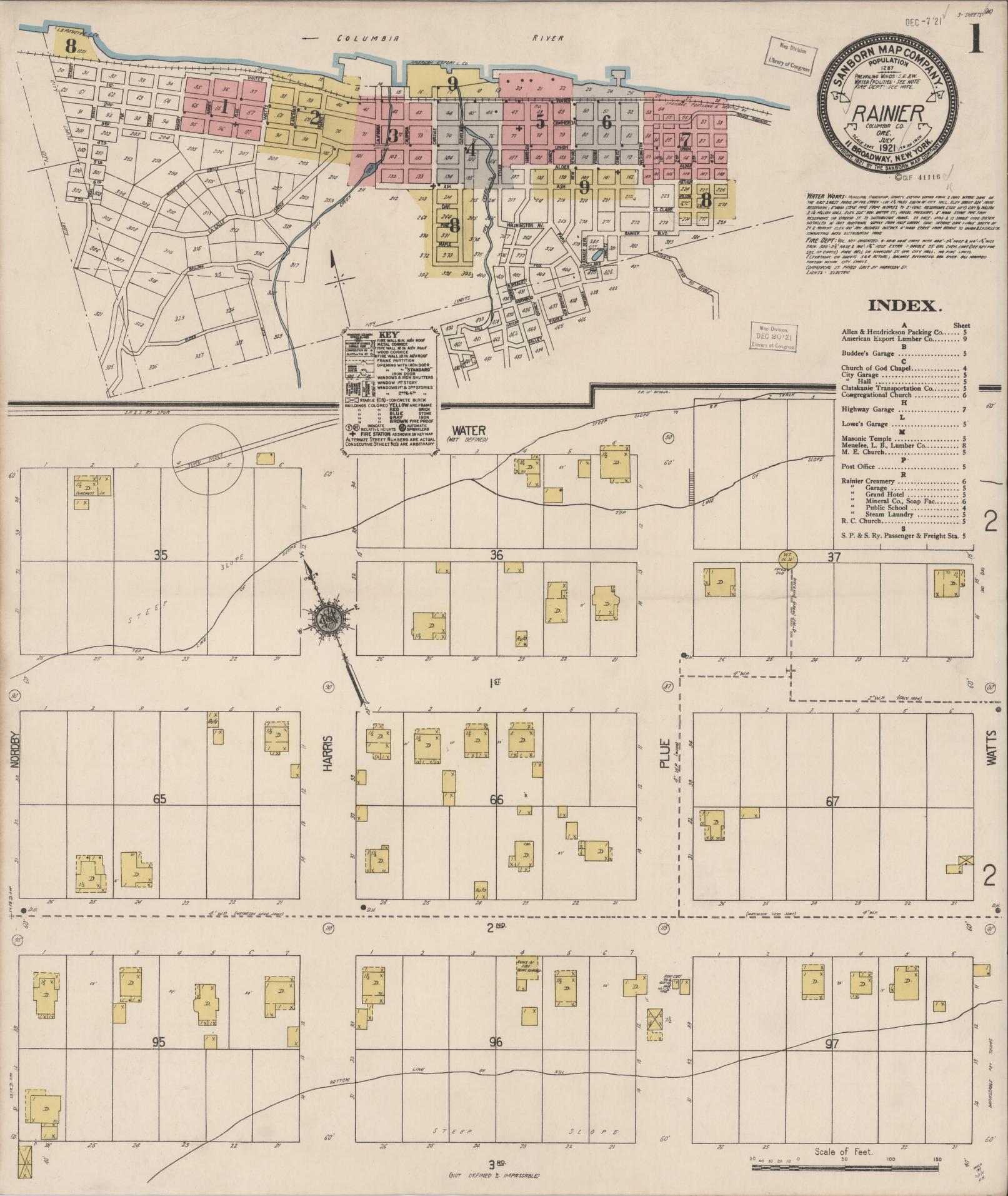 Sanborn Fire Insurance Map from Rainier, Columbia County, Oregon (1921), Sheet #0001 - Complete Map Set gallery image, historic Sanborn map, vintage wall art, Oregon Oregon