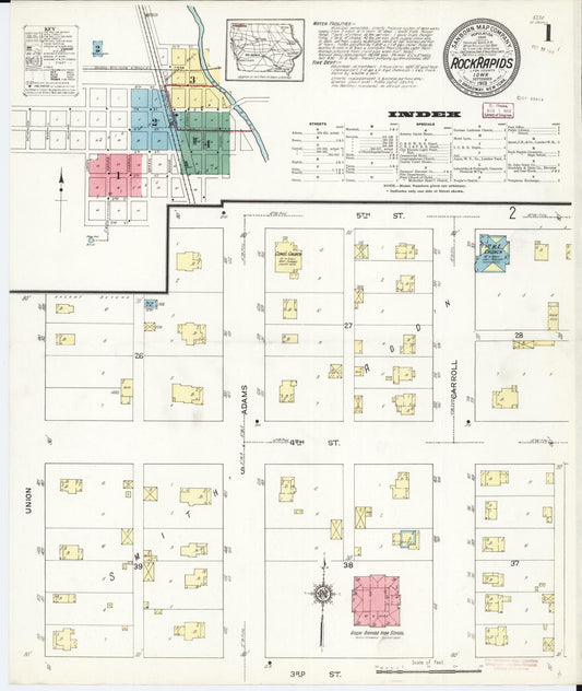 Sanborn Fire Insurance Map from Rock Rapids, Lyon County, Iowa (1913), Sheet #0001 - Historic Sanborn Fire Insurance Map Print, vintage old map wall art
