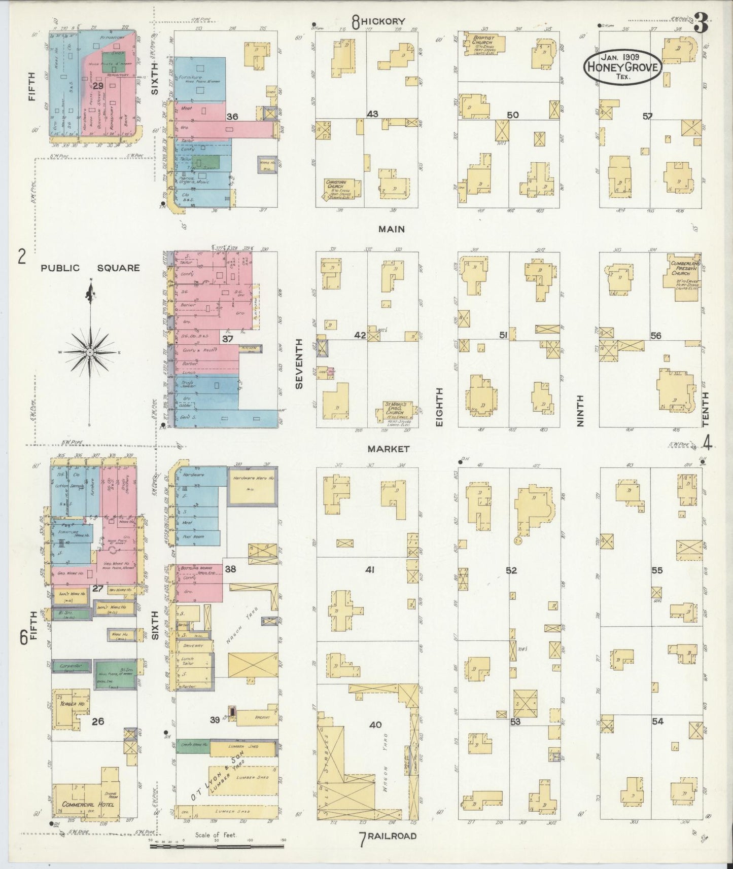 Sanborn Fire Insurance Map from Honey Grove, Fannin County, Texas (1909), Sheet #0003 - Complete Map Set gallery image, historic Sanborn map, vintage wall art, Texas Texas