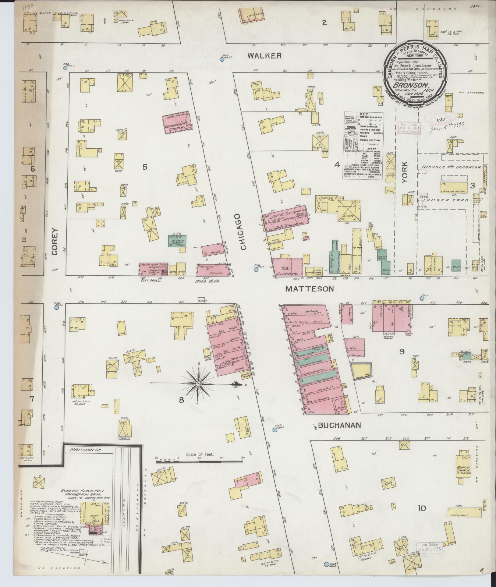 Sanborn Fire Insurance Map from Bronson, Branch County, Michigan (1892), Sheet #0001 - Historic Sanborn Fire Insurance Map Print, vintage old map wall art, antique decor, genealogy gift, Michigan Michigan map