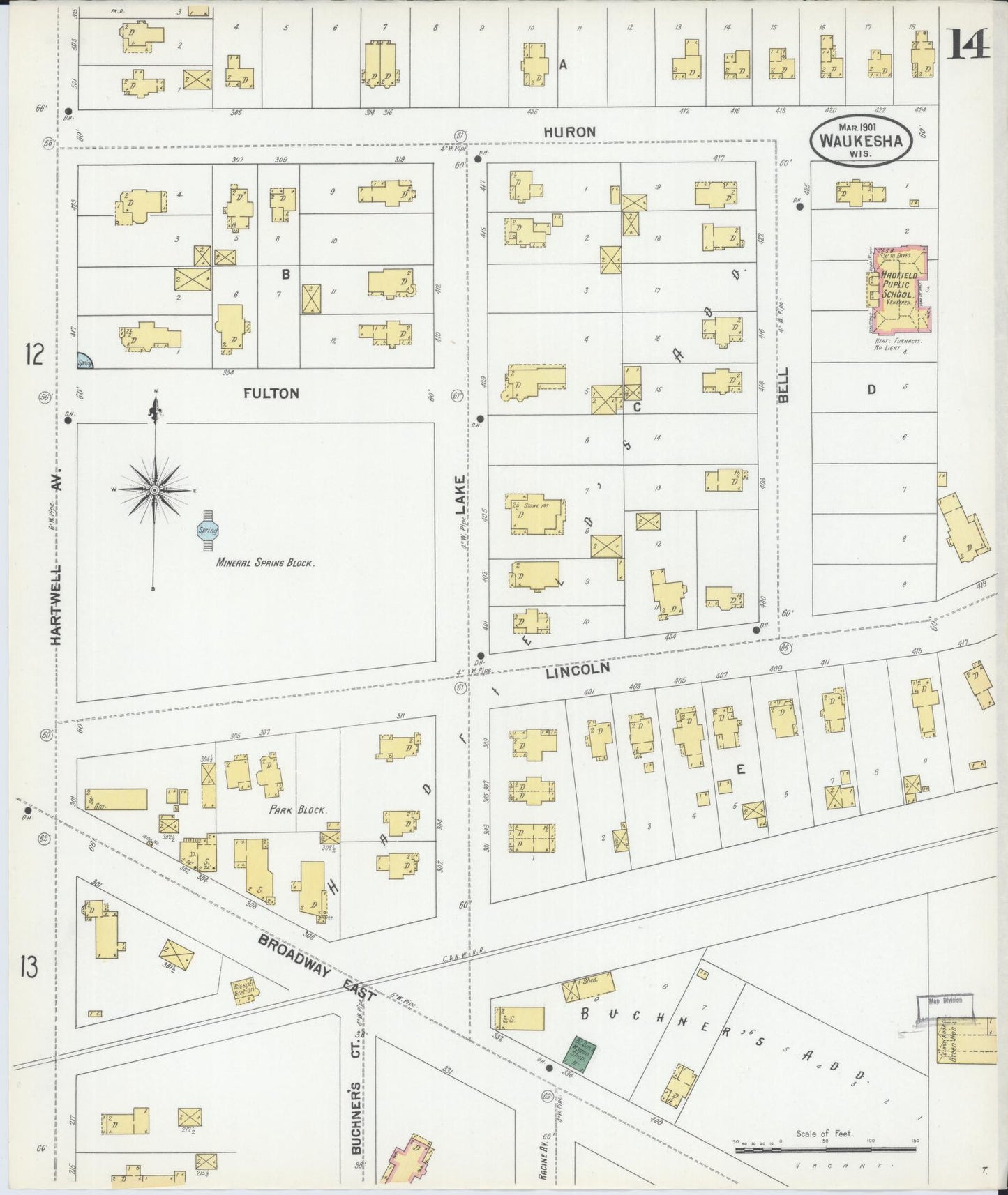 Sanborn Fire Insurance Map from Waukesha, Waukesha County, Wisconsin (1901), Sheet #0014 - Complete Map Set gallery image, historic Sanborn map, vintage wall art, Wisconsin Wisconsin