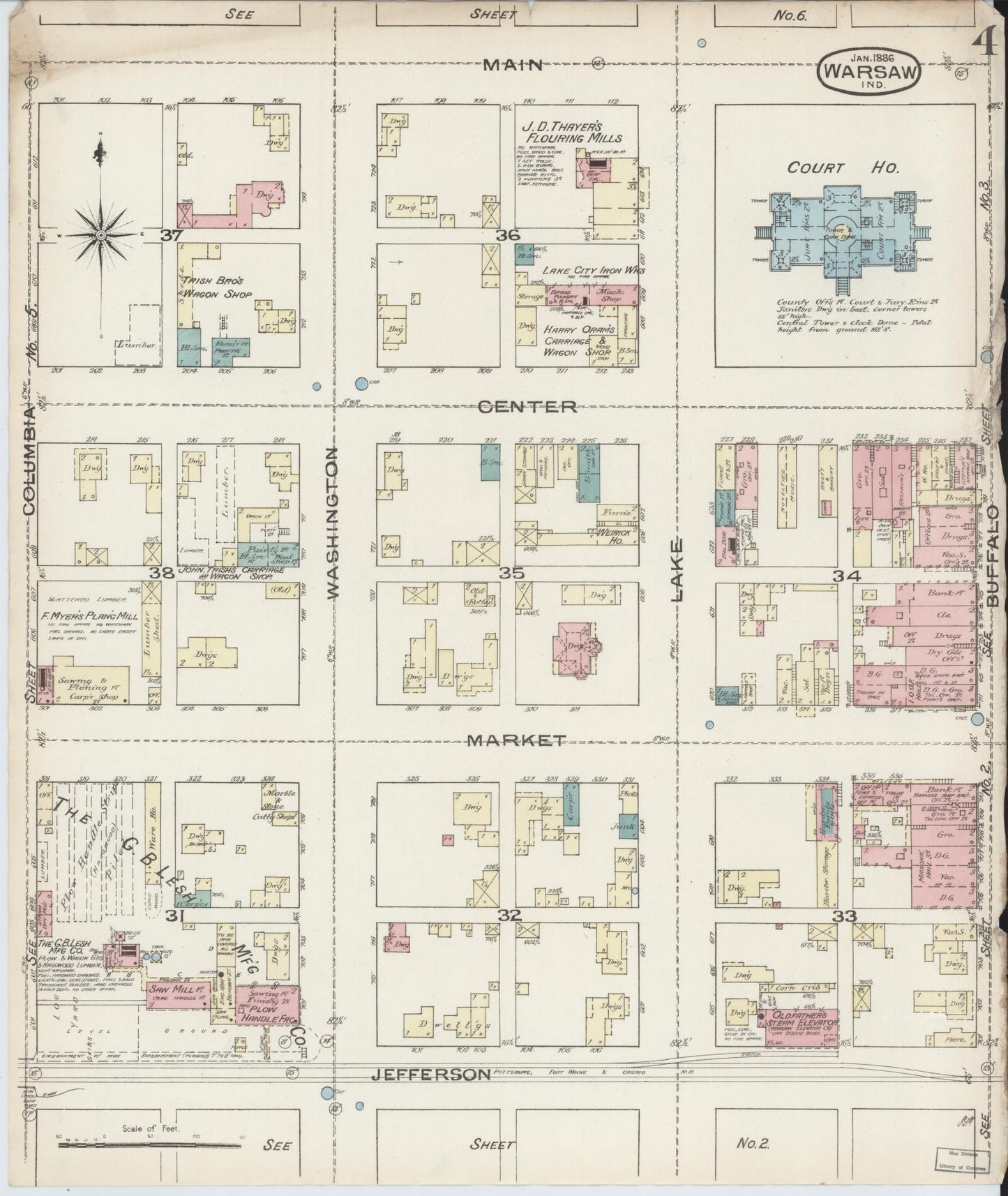 Sanborn Fire Insurance Map from Warsaw, Kosciusko County, Indiana (1886), Sheet #0004 - Complete Map Set gallery image, historic Sanborn map, vintage wall art, Indiana Indiana