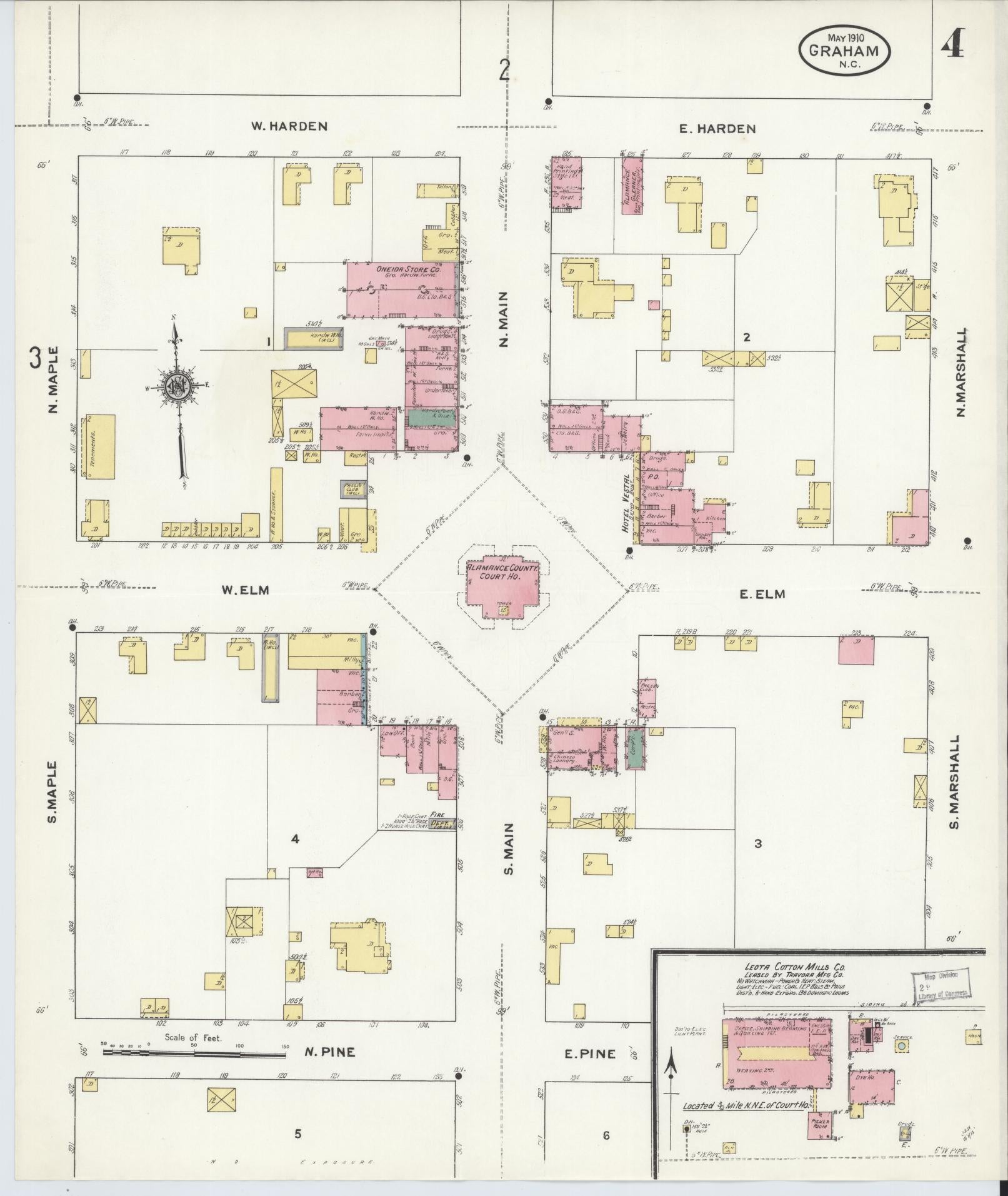 Sanborn Fire Insurance Map from Graham, Alamance County, North Carolina (1910), Sheet #0004 - Historic Sanborn Fire Insurance Map Print, vintage old map wall art, antique decor, genealogy gift, North Carolina North Carolina map