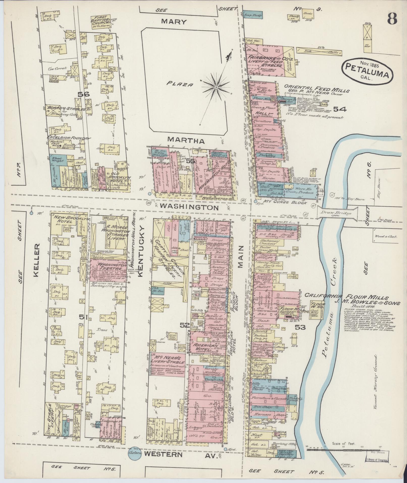 Sanborn Fire Insurance Map from Petaluma, Sonoma County, California (1885), Sheet #0008 - Complete Map Set gallery image, historic Sanborn map, vintage wall art, California California