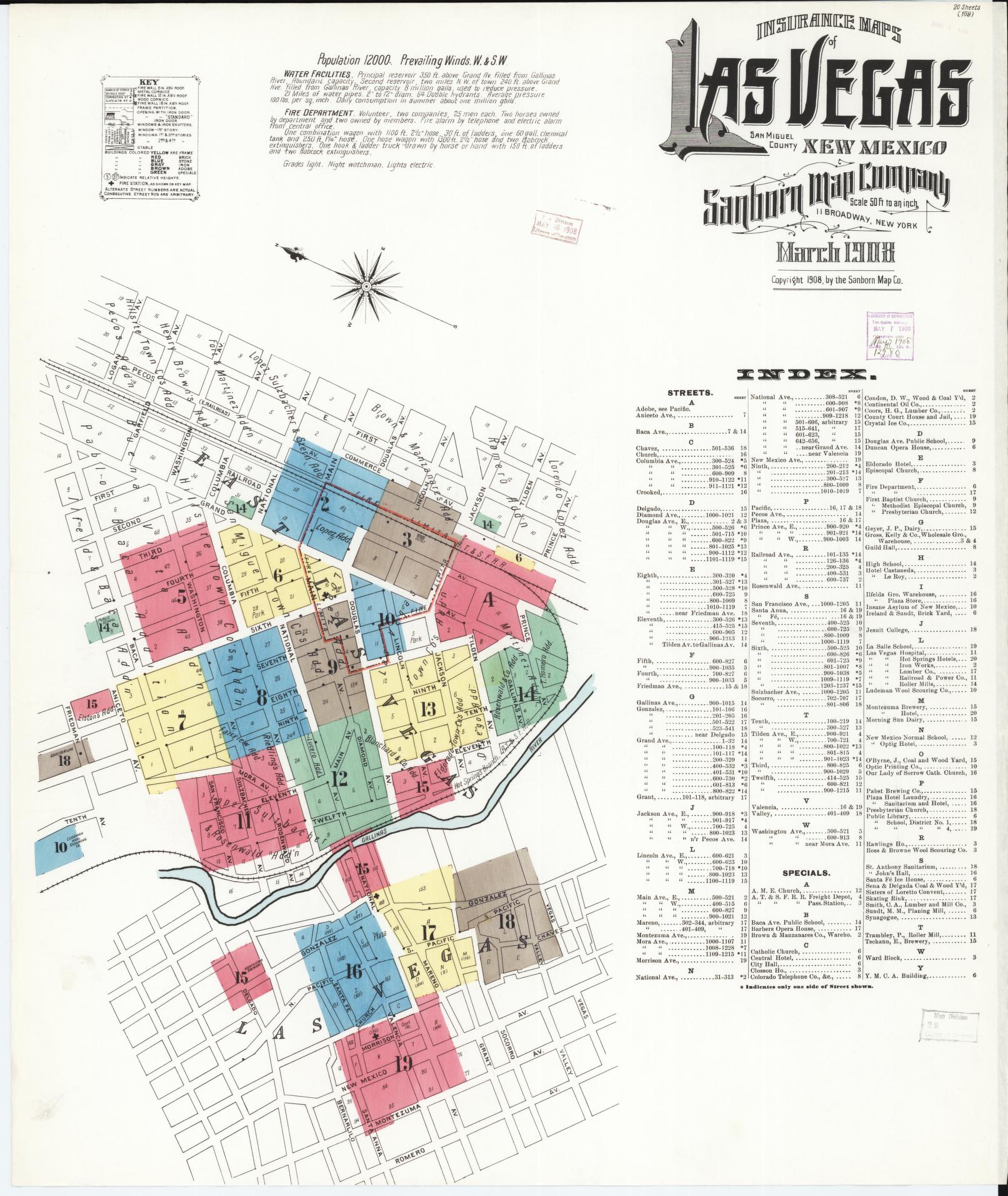 Sanborn Fire Insurance Map from Las Vegas, San Miguel County, New Mexico (1908), Sheet #0001 - Complete Map Set gallery image, historic Sanborn map, vintage wall art, New Mexico New Mexico