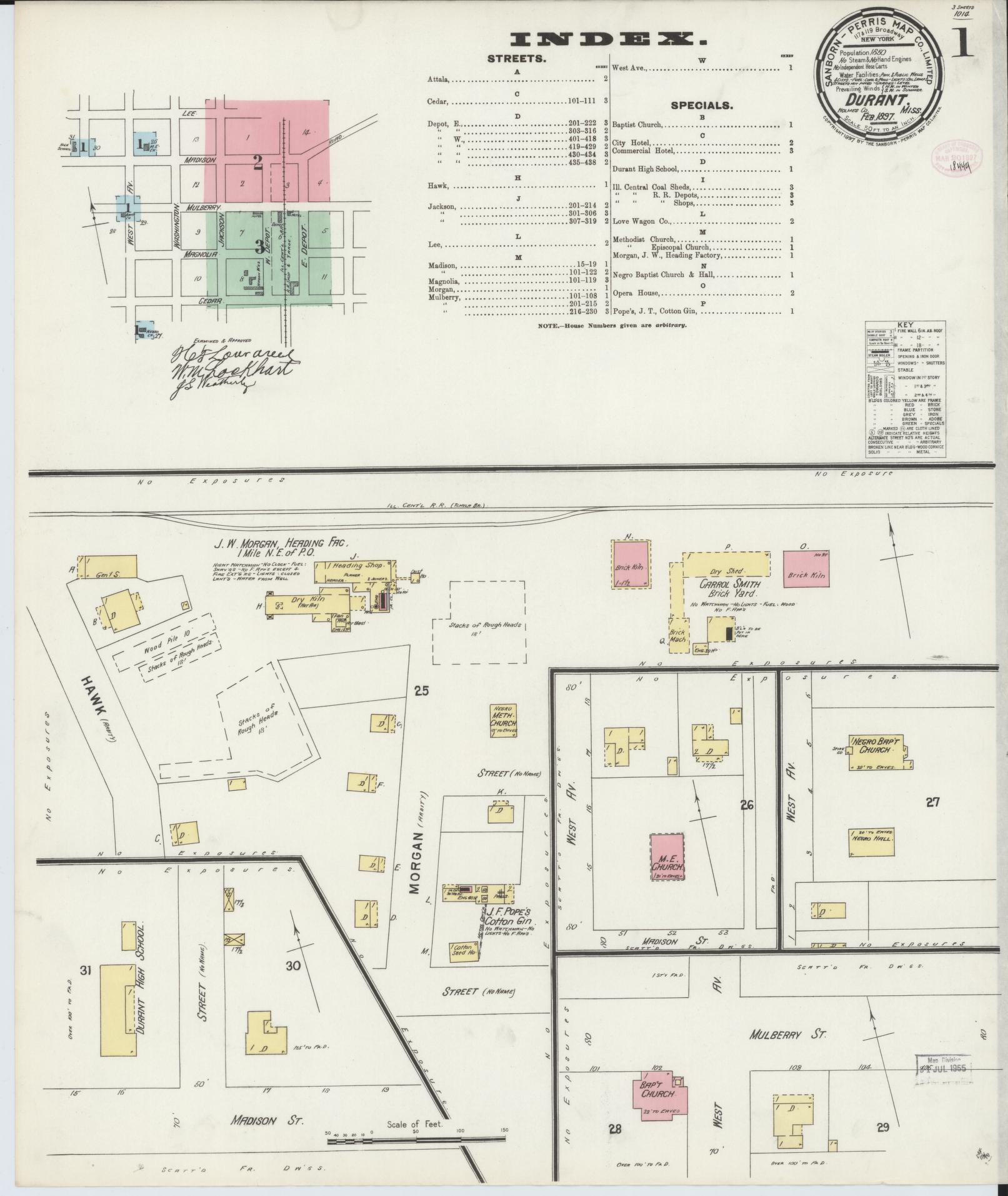 Sanborn Fire Insurance Map from Durant, Holmes County, Mississippi (1897), Sheet #0001 - Historic Sanborn Fire Insurance Map Print, vintage old map wall art, antique decor, genealogy gift, Mississippi Mississippi map