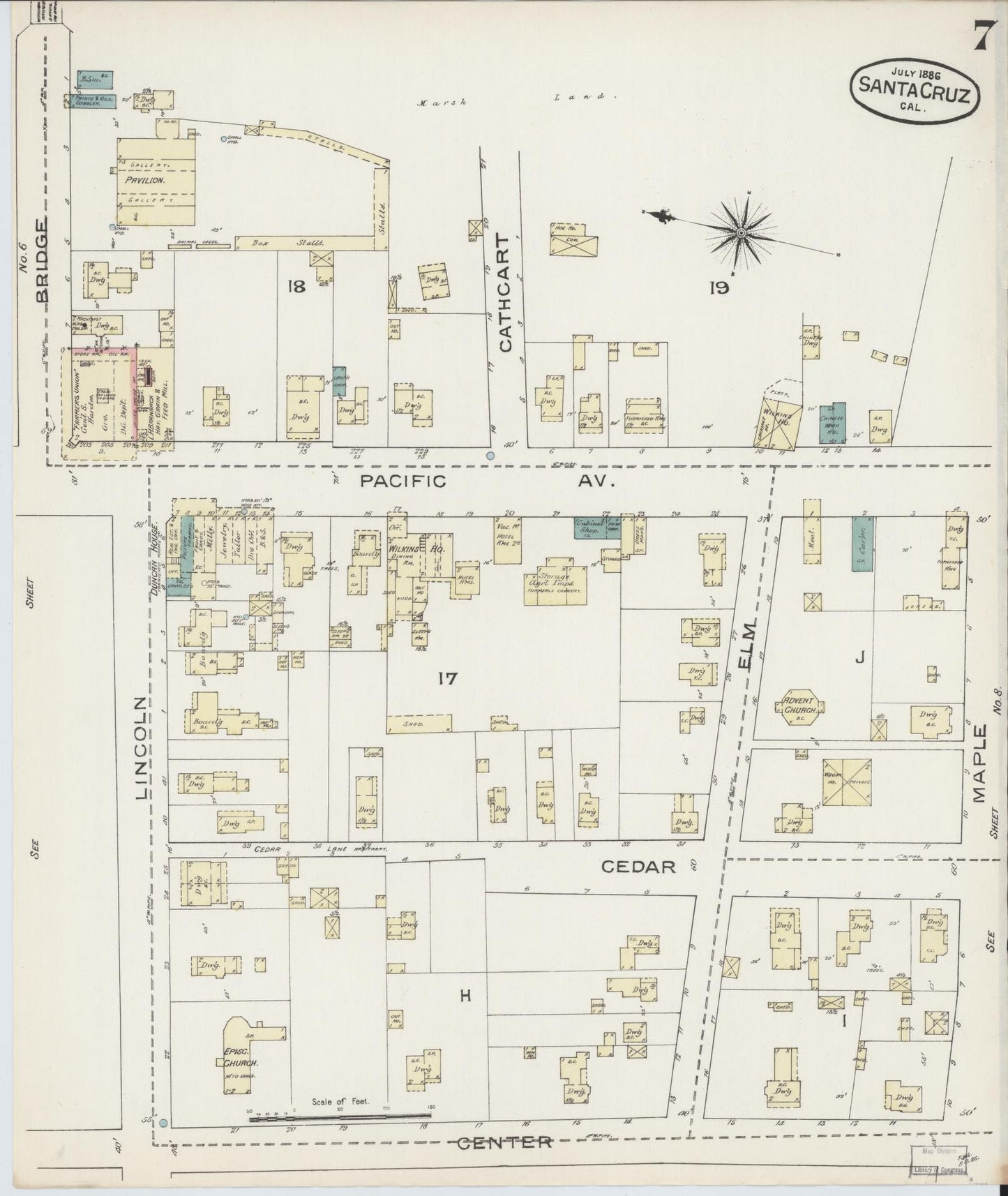 Sanborn Fire Insurance Map from Santa Cruz, Santa Cruz County, California (1886), Sheet #0007 - Complete Map Set gallery image, historic Sanborn map, vintage wall art, California California