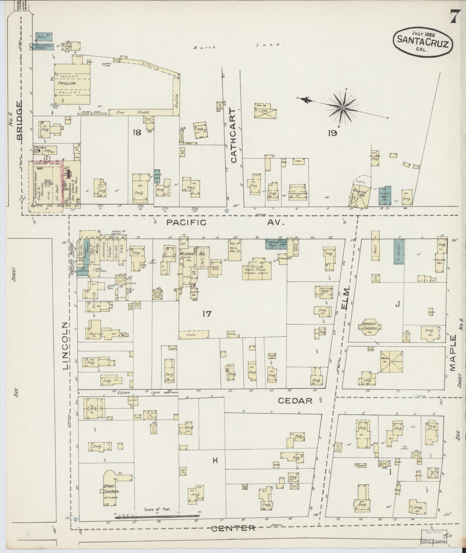 Sanborn Fire Insurance Map from Santa Cruz, Santa Cruz County, California (1886), Sheet #0007 - Complete Map Set gallery image, historic Sanborn map, vintage wall art, California California
