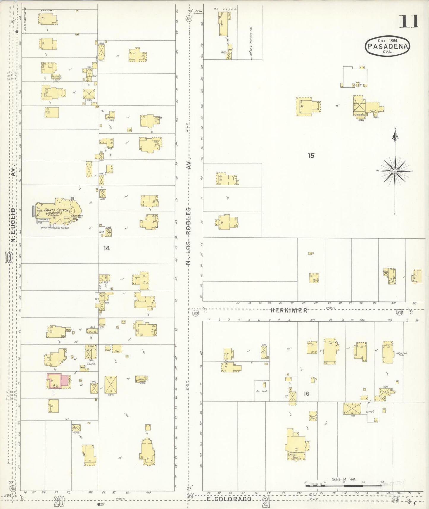 Sanborn Fire Insurance Map from Pasadena, Los Angeles County, California (1894), Sheet #0011 - Complete Map Set gallery image, historic Sanborn map, vintage wall art, California California