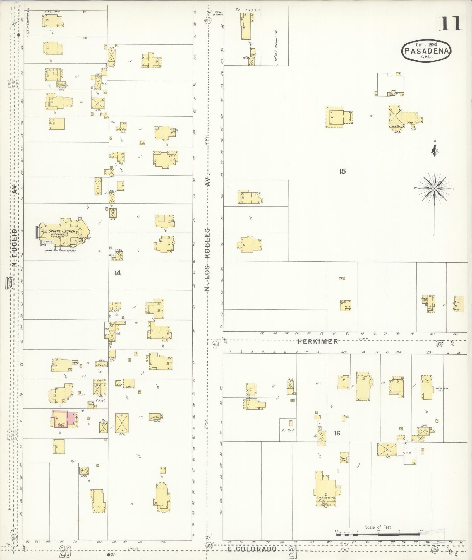 Sanborn Fire Insurance Map from Pasadena, Los Angeles County, California (1894), Sheet #0011 - Complete Map Set gallery image, historic Sanborn map, vintage wall art, California California