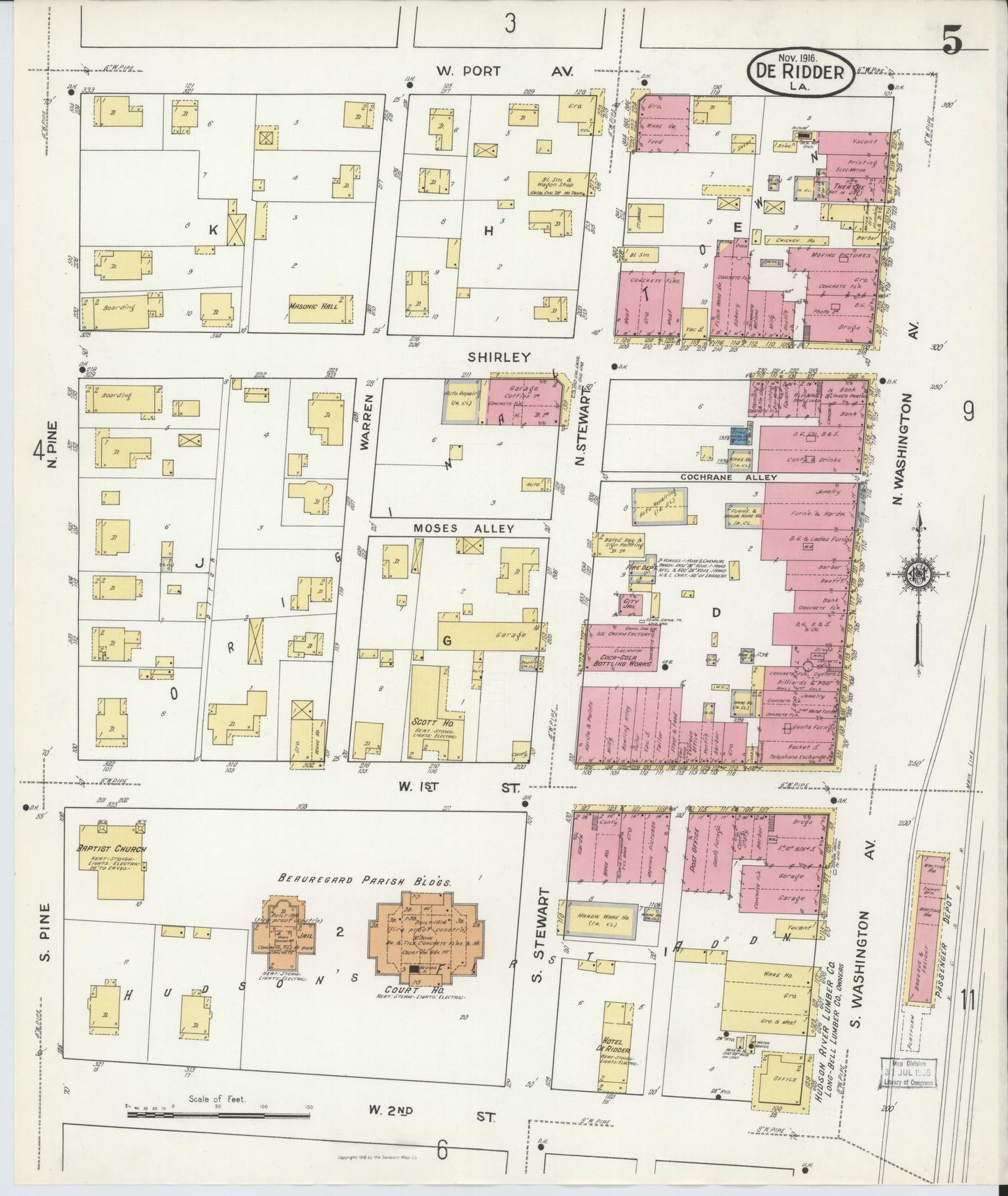 Sanborn Fire Insurance Map from De Ridder, Beauregard Parish, Louisiana (1916), Sheet #0005 - Complete Map Set gallery image, historic Sanborn map, vintage wall art, Louisiana Louisiana